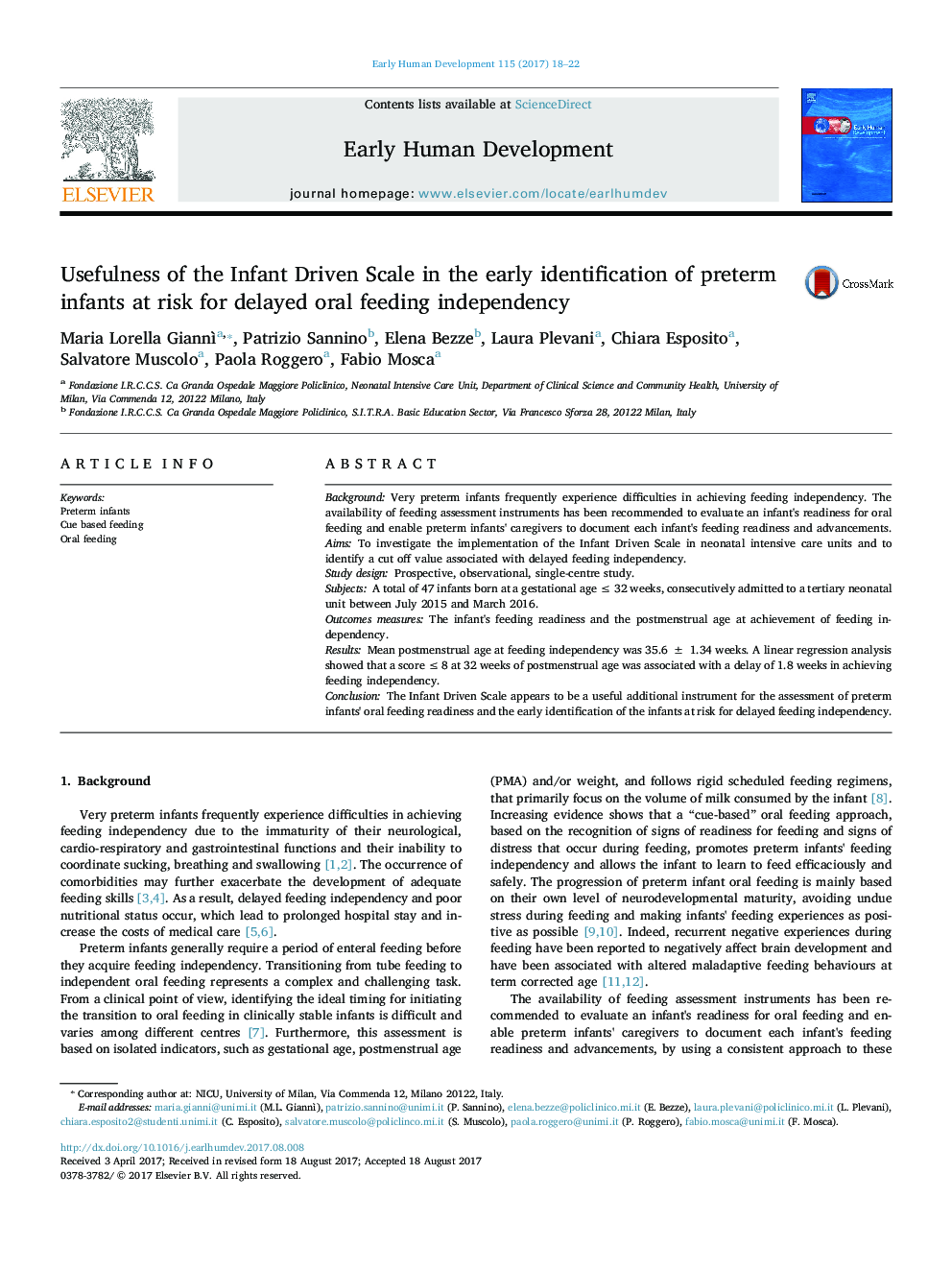 Usefulness of the Infant Driven Scale in the early identification of preterm infants at risk for delayed oral feeding independency