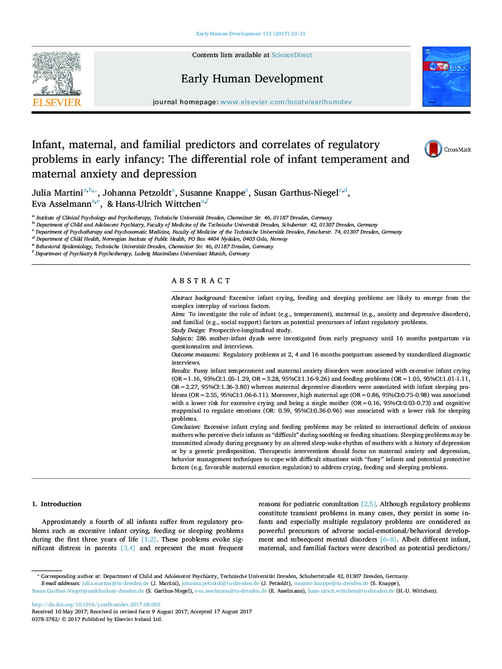 Infant, maternal, and familial predictors and correlates of regulatory problems in early infancy: The differential role of infant temperament and maternal anxiety and depression