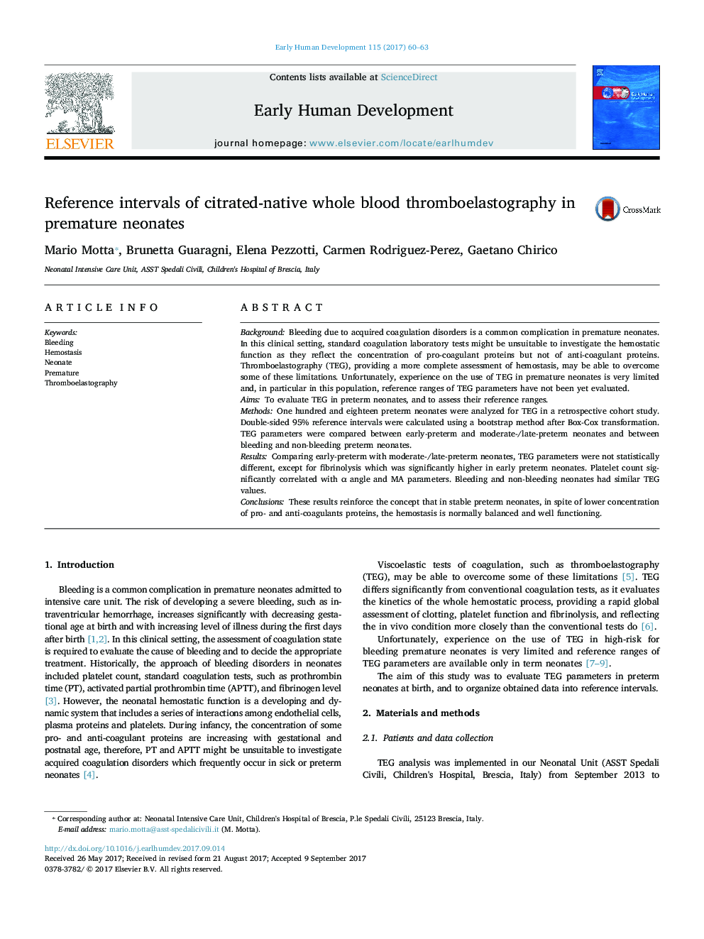 Reference intervals of citrated-native whole blood thromboelastography in premature neonates