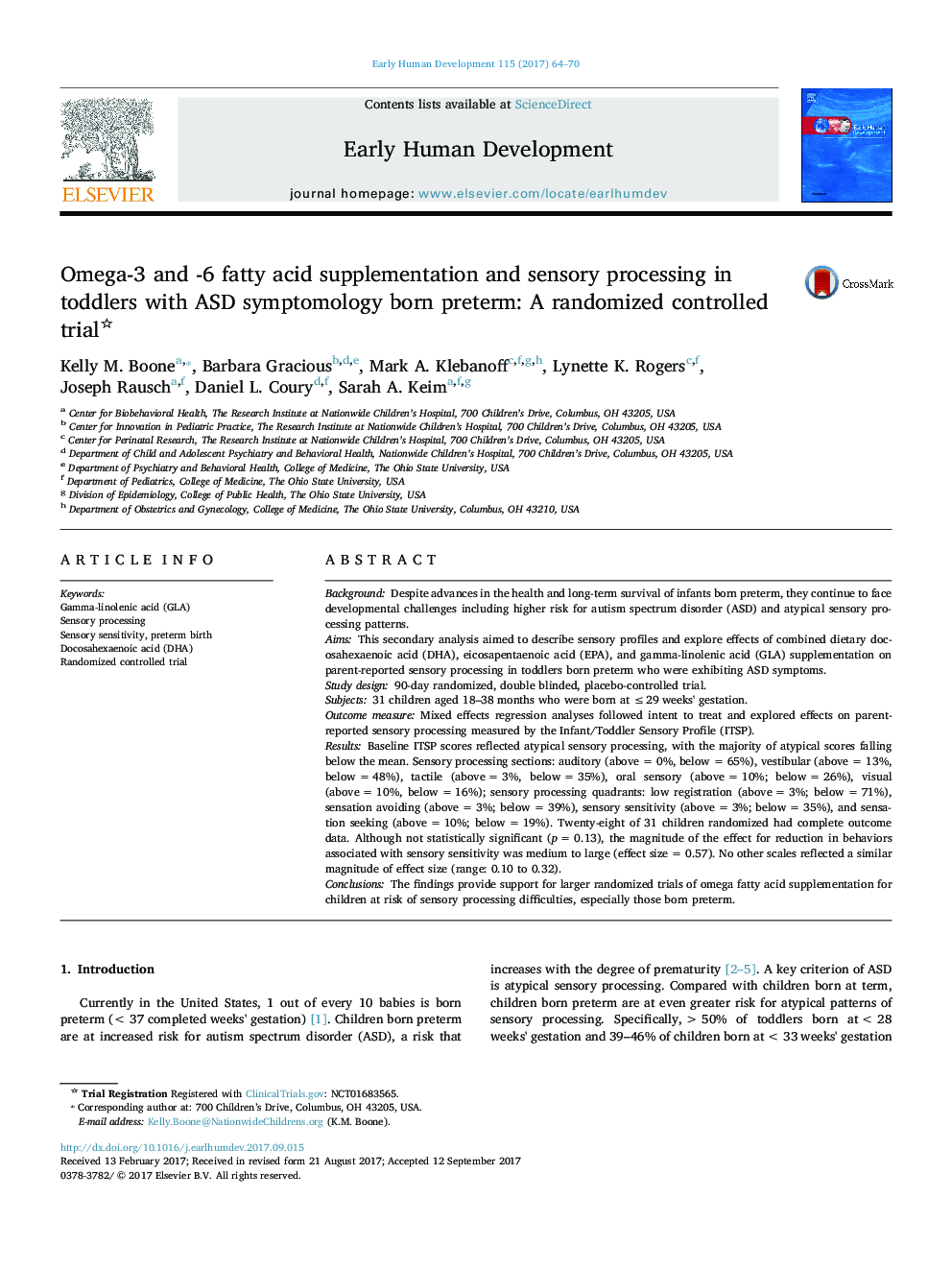 Omega-3 and -6 fatty acid supplementation and sensory processing in toddlers with ASD symptomology born preterm: A randomized controlled trial