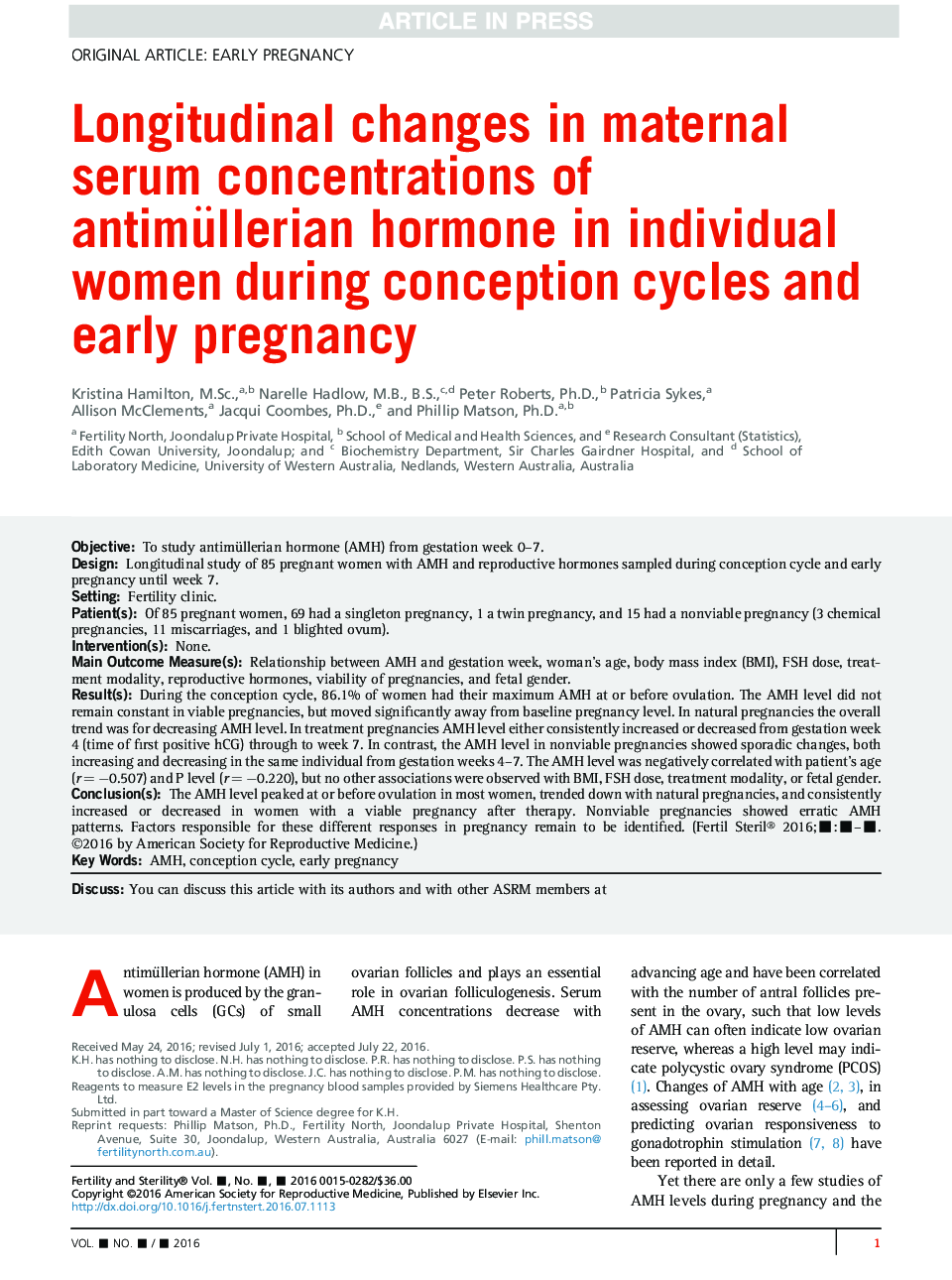 Longitudinal changes in maternal serum concentrations of antimüllerian hormone in individual women during conception cycles and early pregnancy