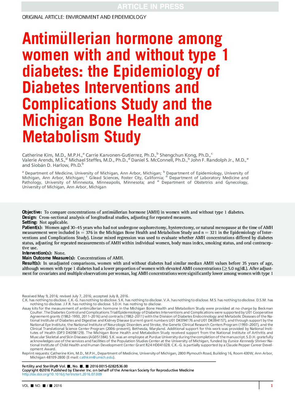 Antimüllerian hormone among women with and without type 1 diabetes: the Epidemiology of Diabetes Interventions and Complications Study and the Michigan Bone Health and Metabolism Study
