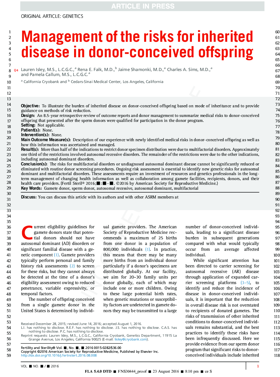 Management of the risks for inherited disease in donor-conceived offspring