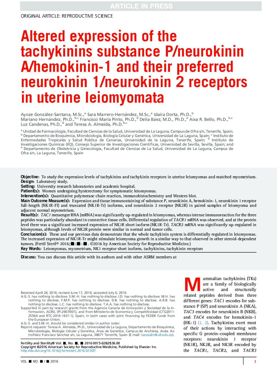 Altered expression of the tachykinins substance P/neurokinin A/hemokinin-1 and their preferred neurokinin 1/neurokinin 2 receptors in uterine leiomyomata