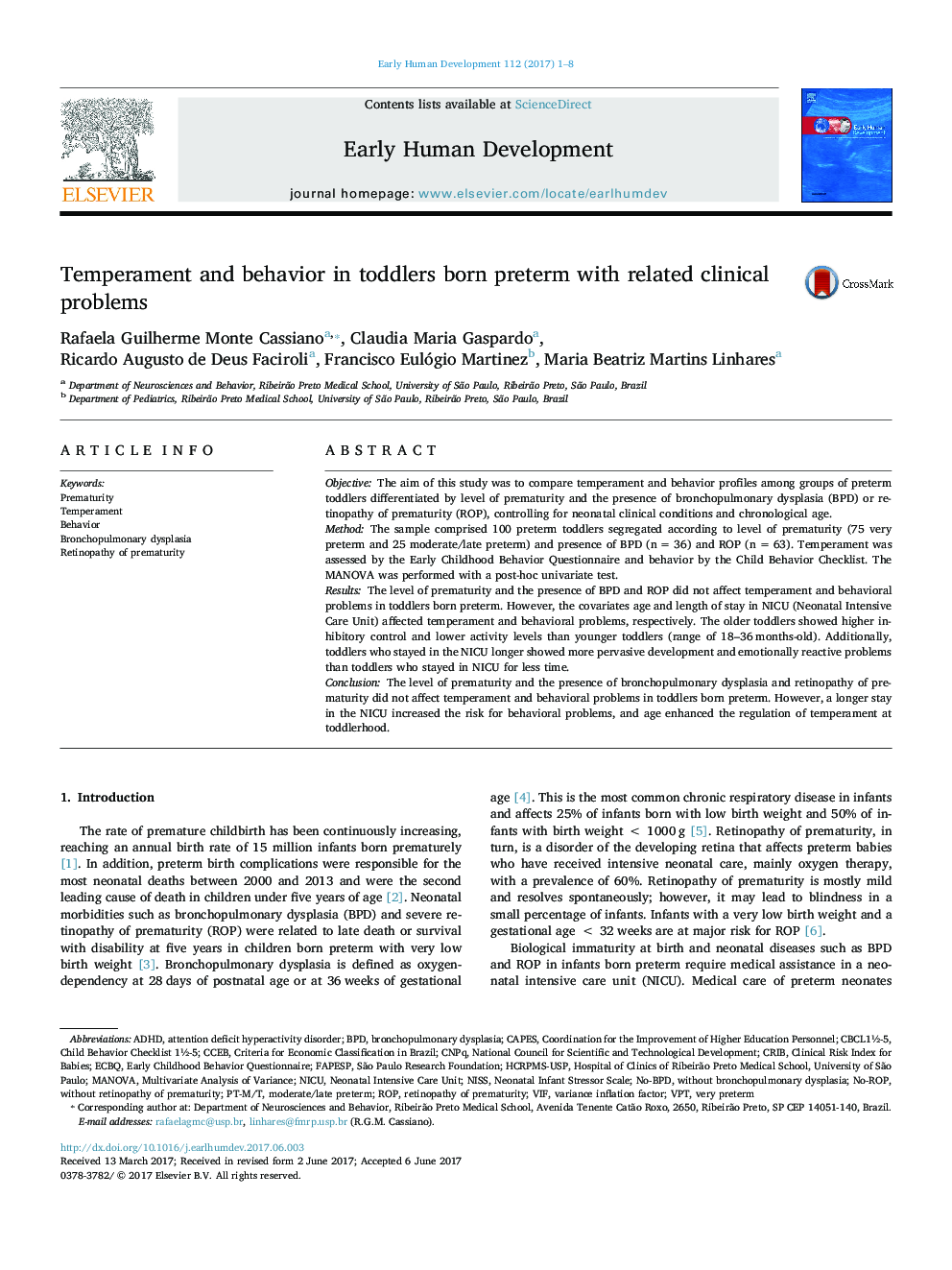 Temperament and behavior in toddlers born preterm with related clinical problems