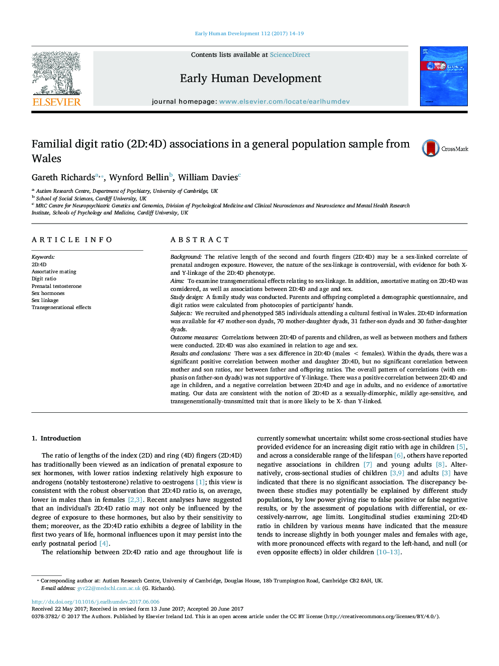 Familial digit ratio (2D:4D) associations in a general population sample from Wales