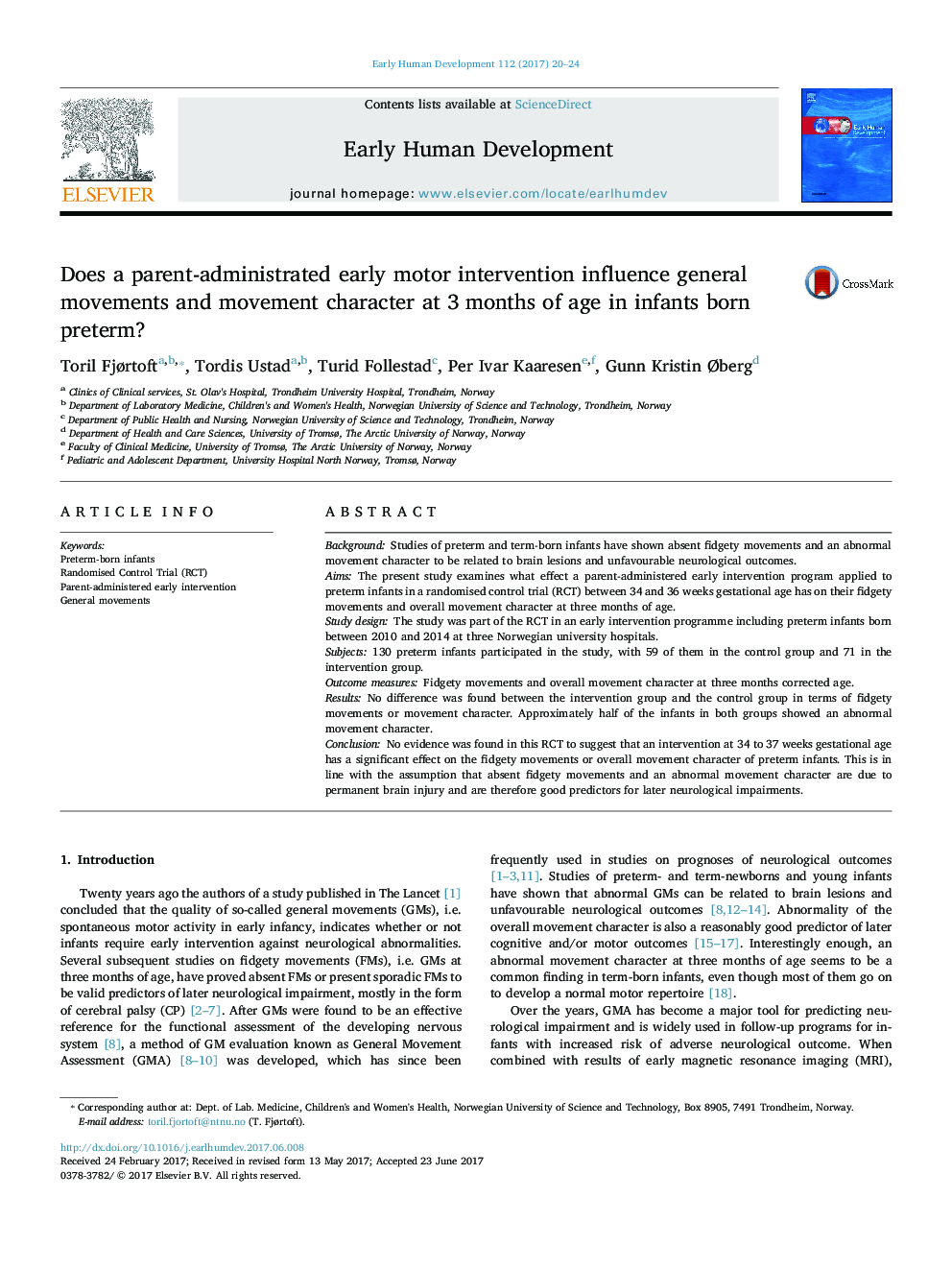 Does a parent-administrated early motor intervention influence general movements and movement character at 3Â months of age in infants born preterm?