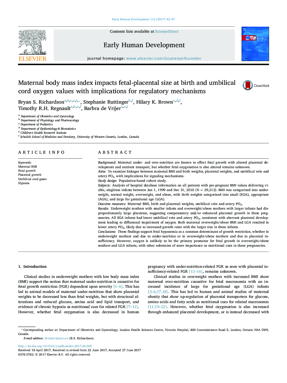 Maternal body mass index impacts fetal-placental size at birth and umbilical cord oxygen values with implications for regulatory mechanisms