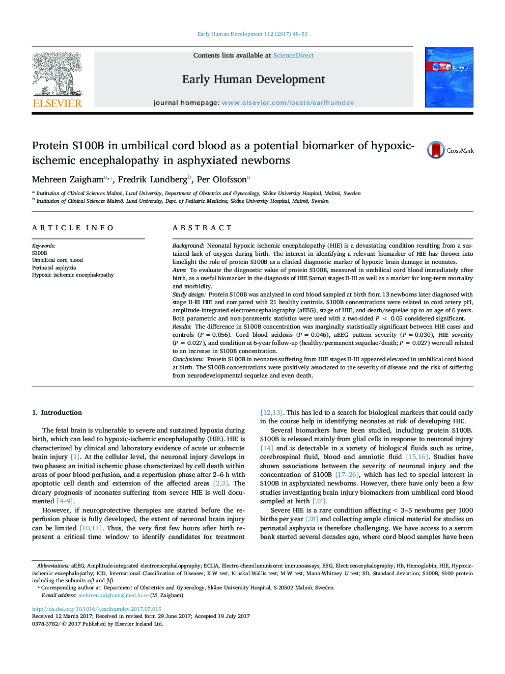 Protein S100B in umbilical cord blood as a potential biomarker of hypoxic-ischemic encephalopathy in asphyxiated newborns