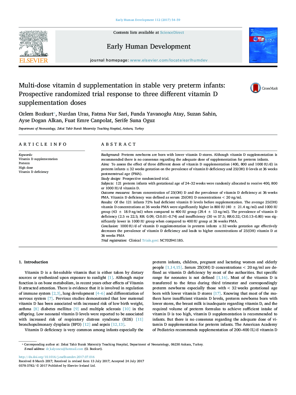 Multi-dose vitamin d supplementation in stable very preterm infants: Prospective randomized trial response to three different vitamin D supplementation doses