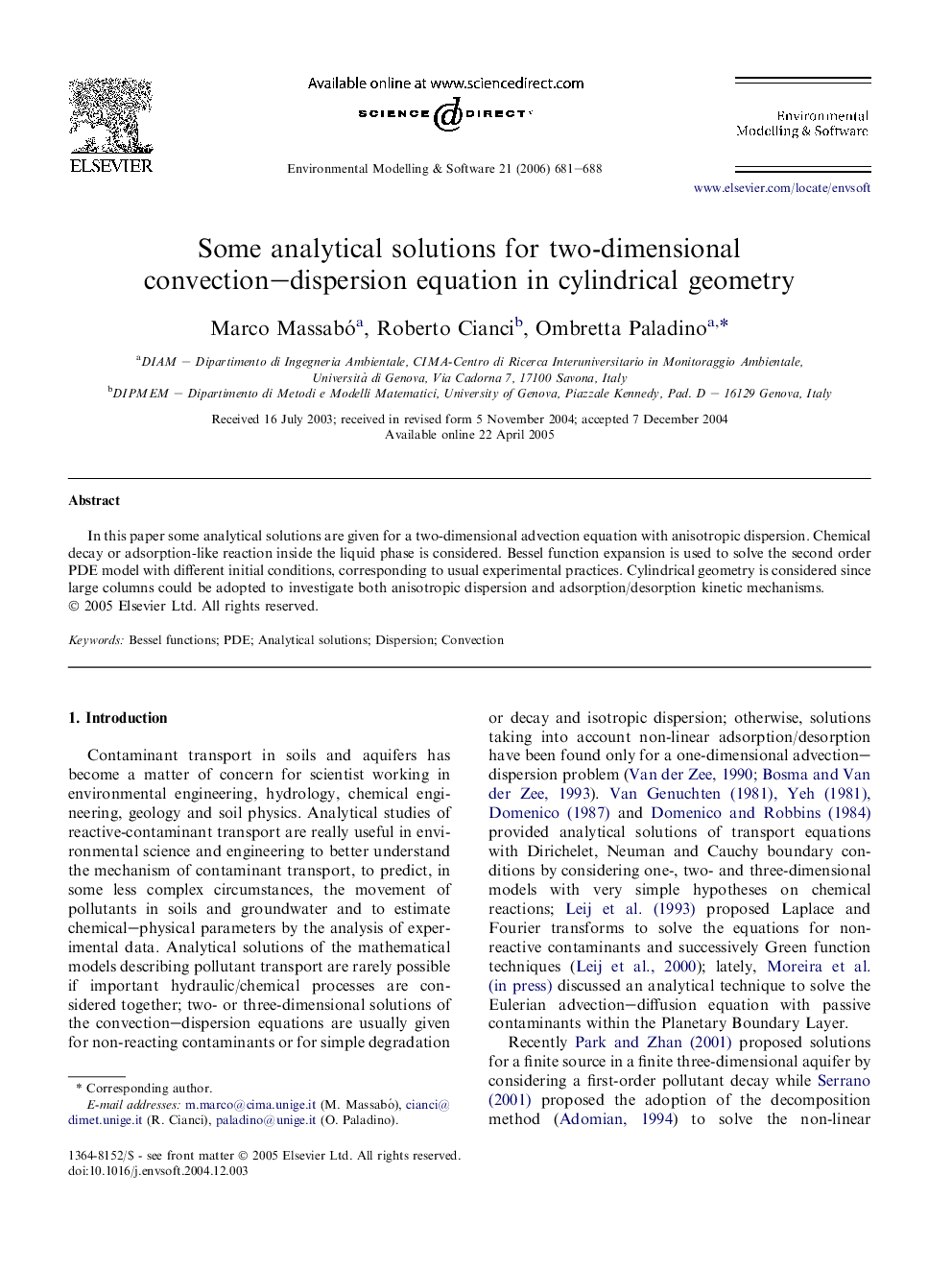 Some analytical solutions for two-dimensional convection–dispersion equation in cylindrical geometry