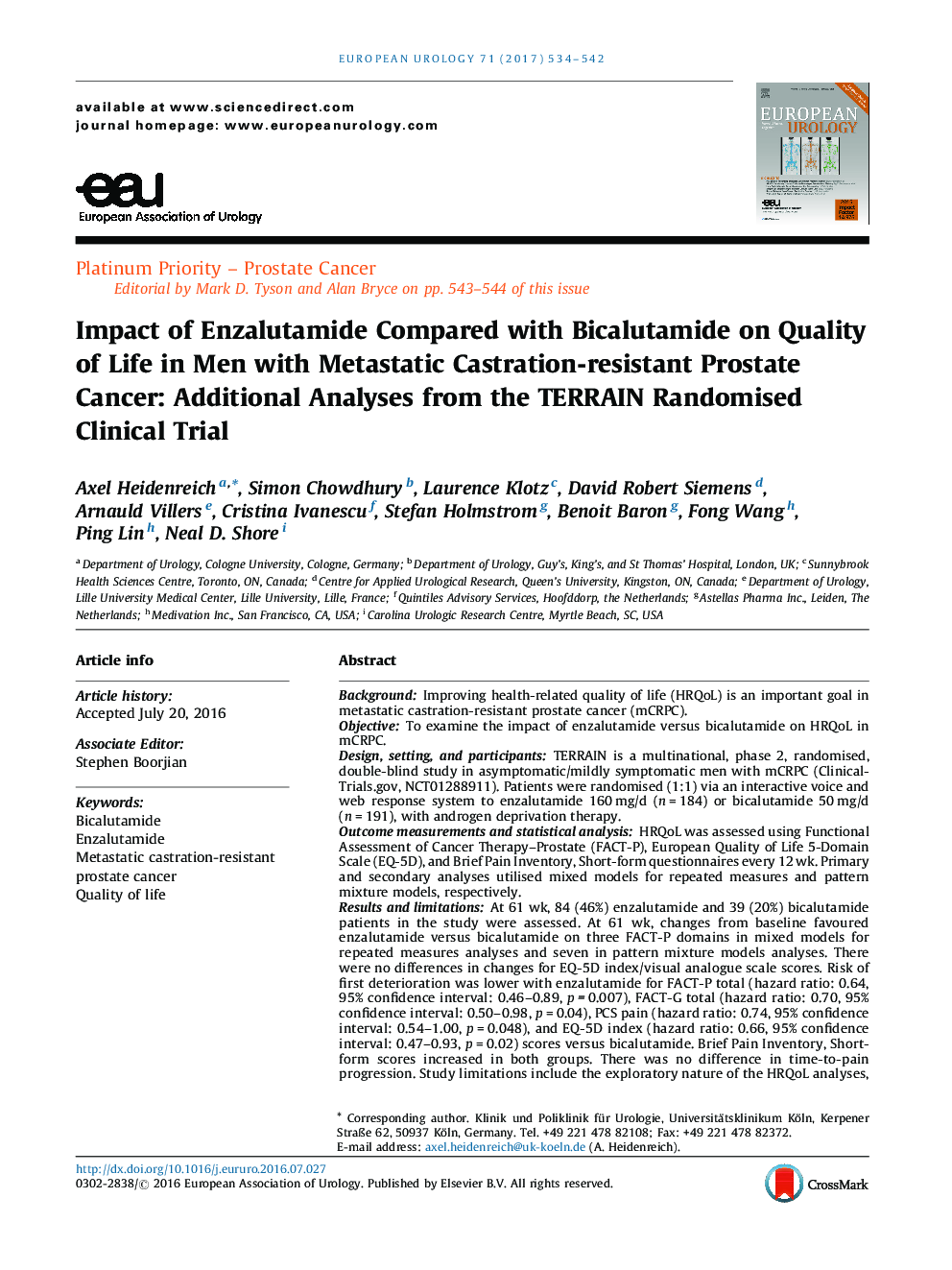 Impact of Enzalutamide Compared with Bicalutamide on Quality of Life in Men with Metastatic Castration-resistant Prostate Cancer: Additional Analyses from the TERRAIN Randomised Clinical Trial