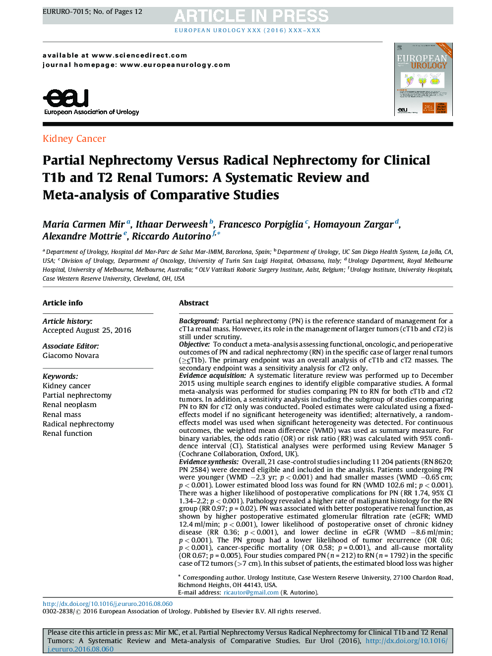 Partial Nephrectomy Versus Radical Nephrectomy for Clinical T1b and T2 Renal Tumors: A Systematic Review and Meta-analysis of Comparative Studies