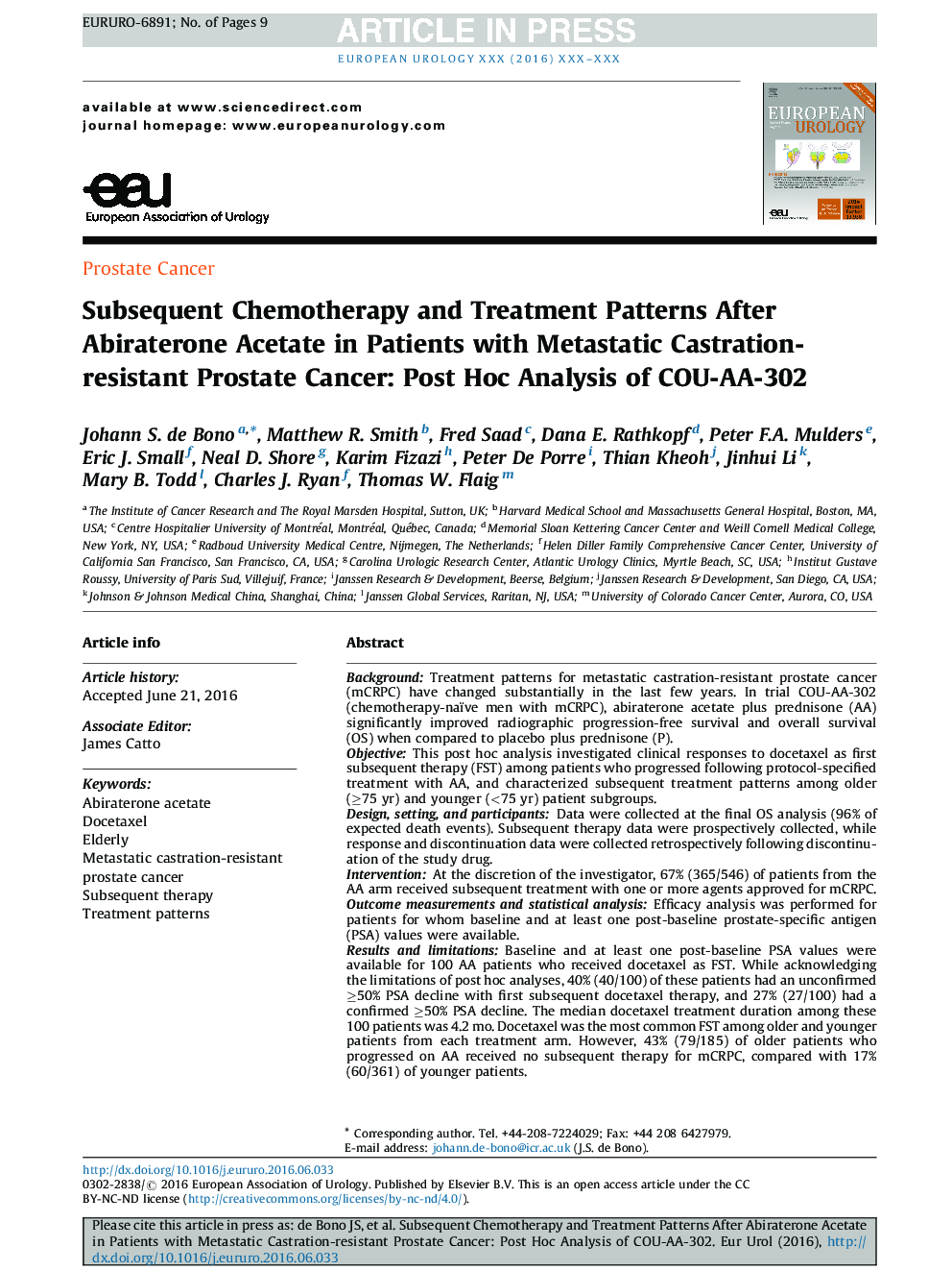 Subsequent Chemotherapy and Treatment Patterns After Abiraterone Acetate in Patients with Metastatic Castration-resistant Prostate Cancer: Post Hoc Analysis of COU-AA-302