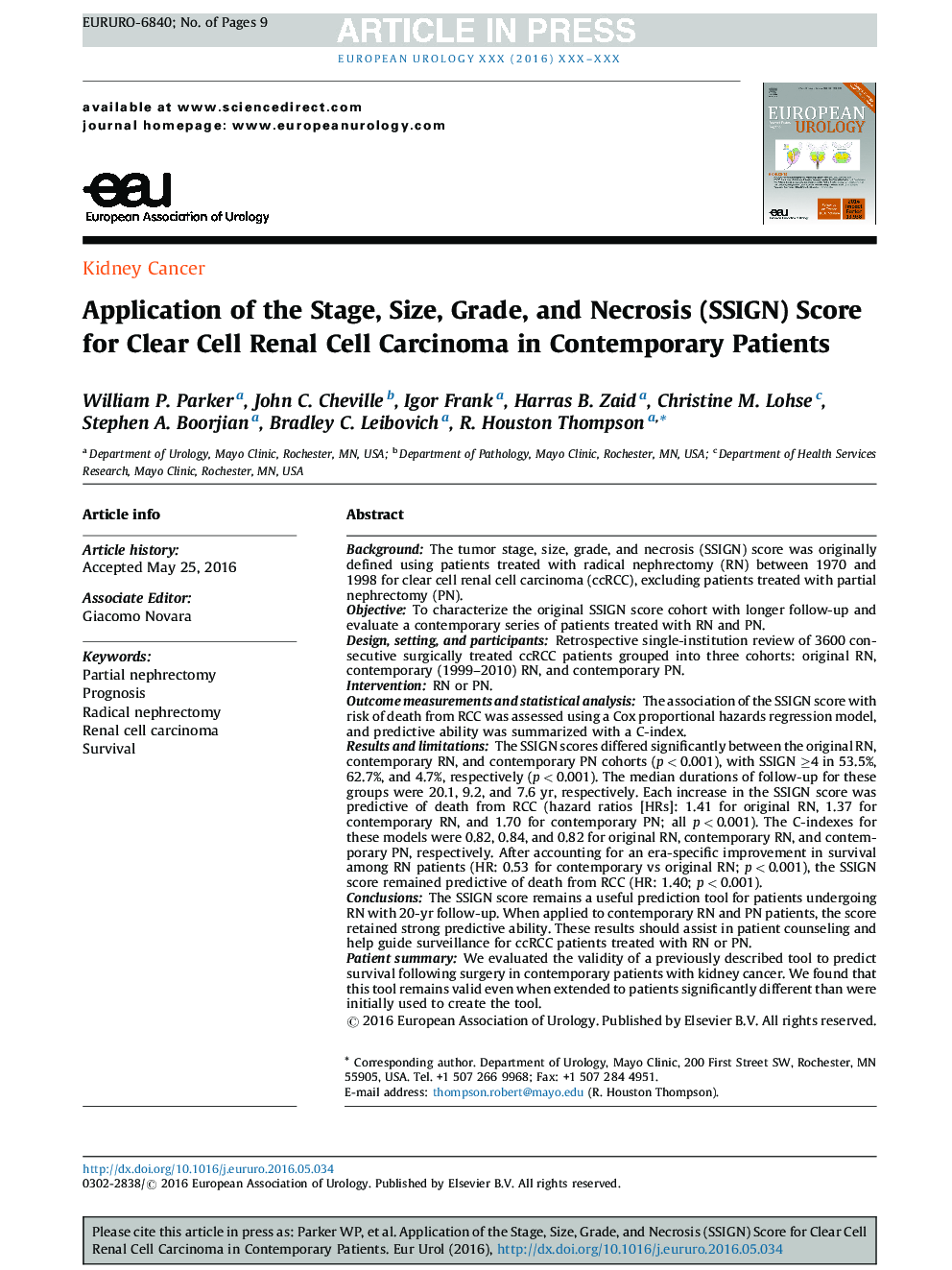 Application of the Stage, Size, Grade, and Necrosis (SSIGN) Score for Clear Cell Renal Cell Carcinoma in Contemporary Patients