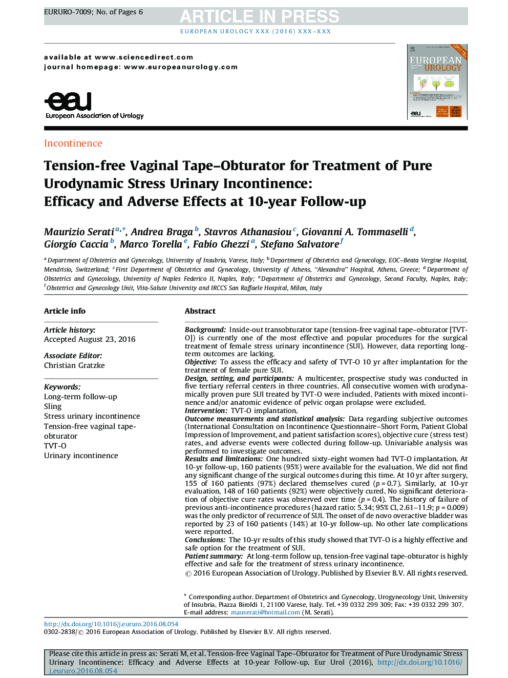 Tension-free Vaginal Tape-Obturator for Treatment of Pure Urodynamic Stress Urinary Incontinence: Efficacy and Adverse Effects at 10-year Follow-up