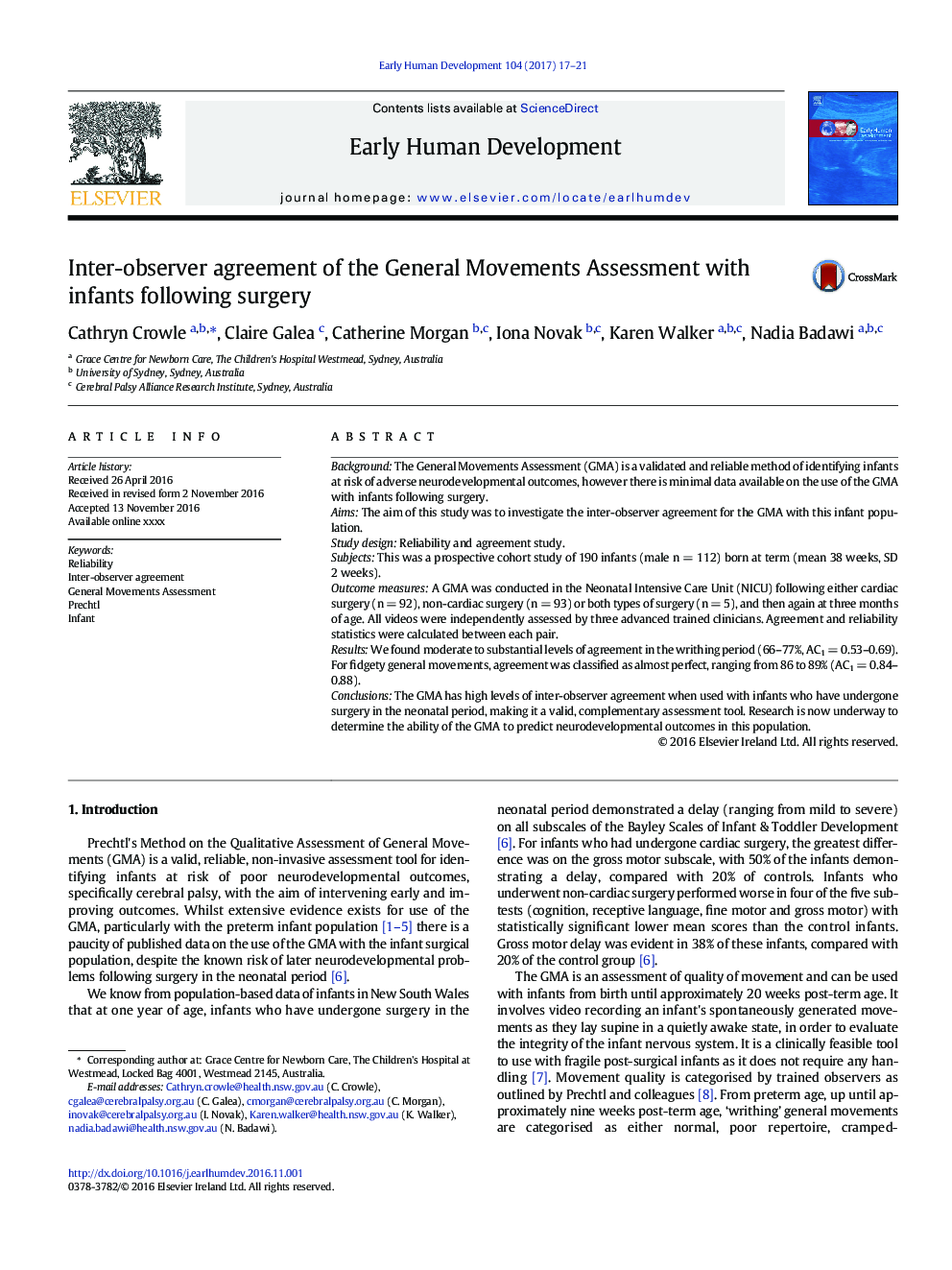 Inter-observer agreement of the General Movements Assessment with infants following surgery