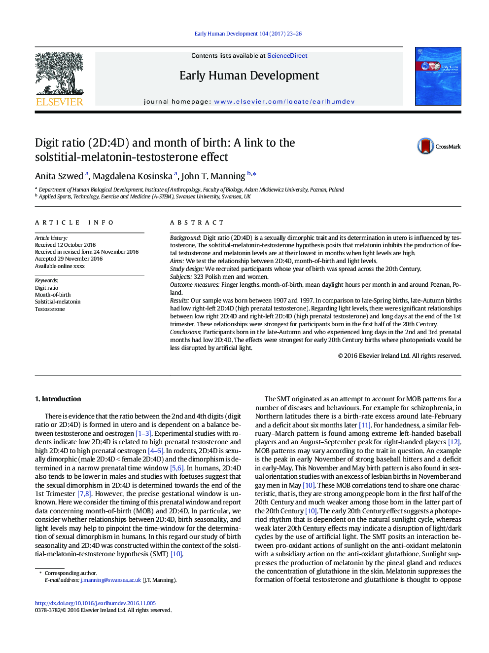 Digit ratio (2D:4D) and month of birth: A link to the solstitial-melatonin-testosterone effect