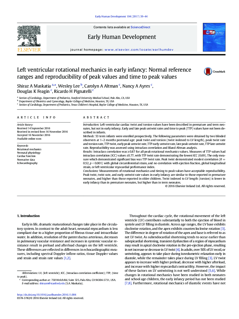 Left ventricular rotational mechanics in early infancy: Normal reference ranges and reproducibility of peak values and time to peak values