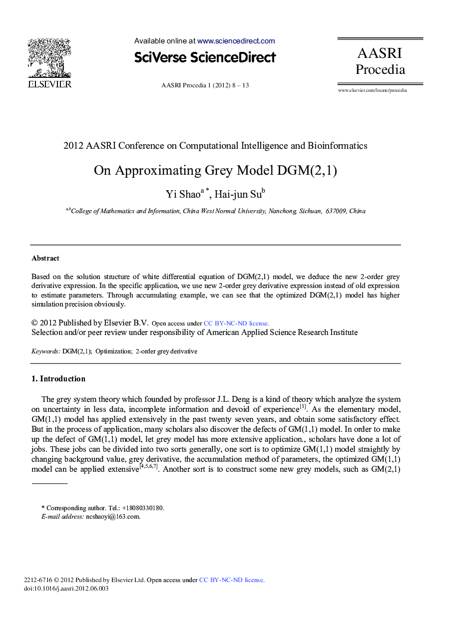 عکس صفحه اول مقاله: On Approximating Grey Model DGM(2,1) On Approximating Grey Model DGM(2,1)