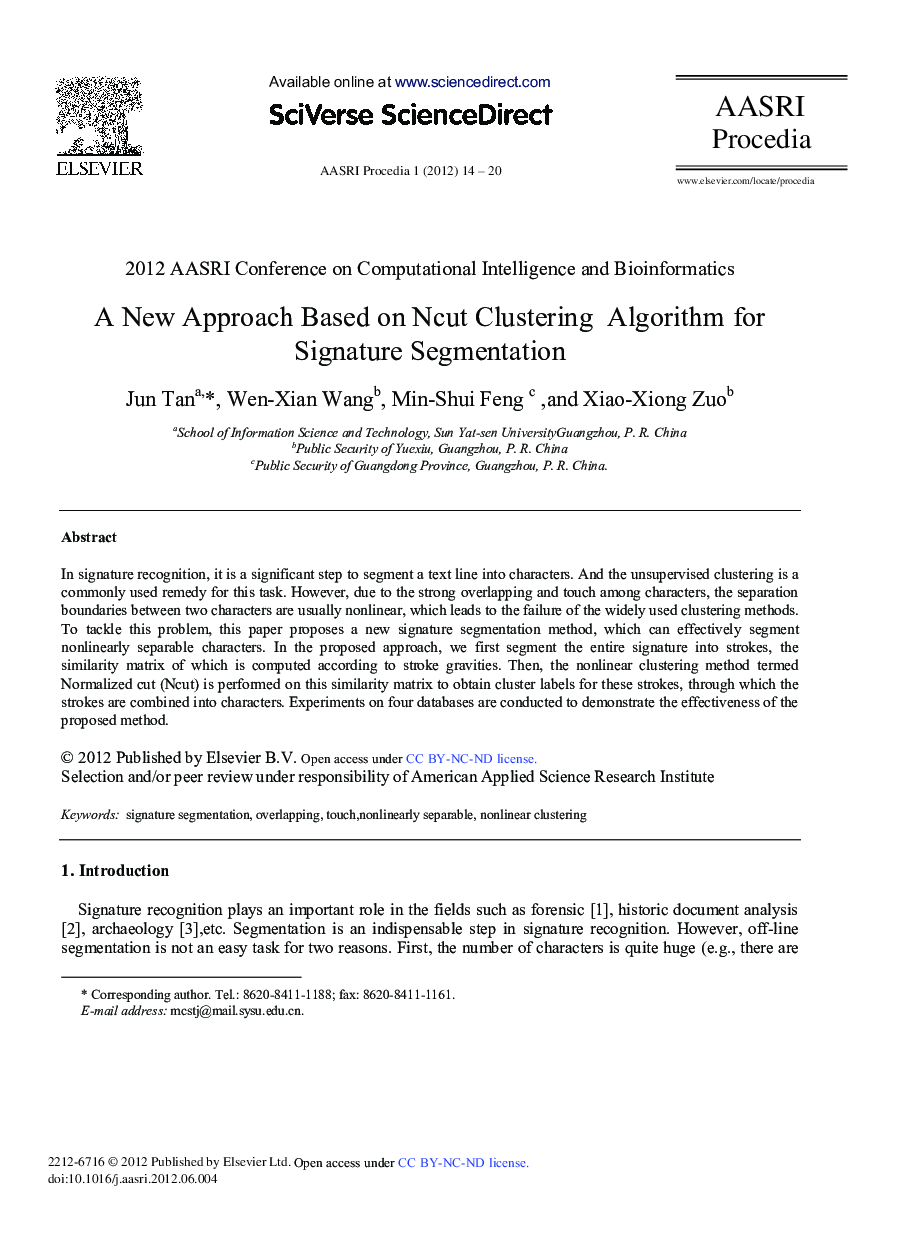 عکس صفحه اول مقاله: A New Approach Based on Ncut Clustering Algorithm for Signature Segmentation A New Approach Based on Ncut Clustering Algorithm for Signature Segmentation