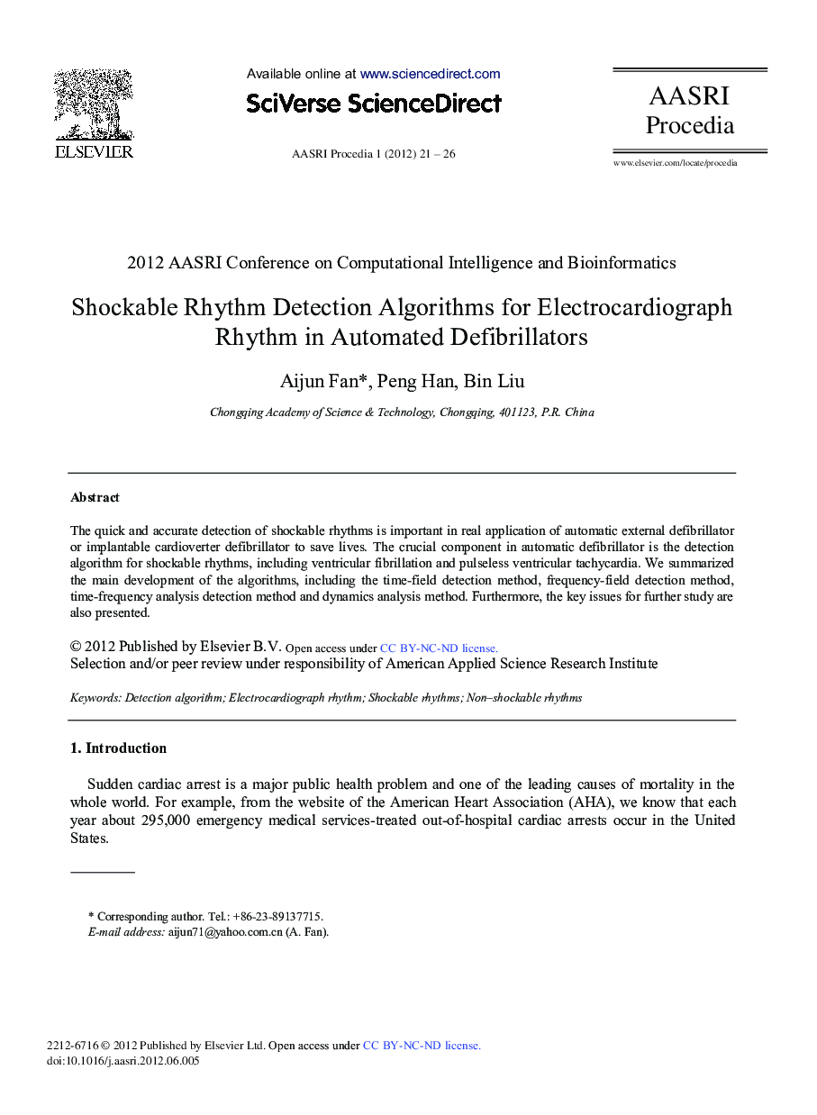 عکس صفحه اول مقاله: Shockable Rhythm Detection Algorithms for Electrocardiograph Rhythm in Automated Defibrillators Shockable Rhythm Detection Algorithms for Electrocardiograph Rhythm in Automated Defibrillators