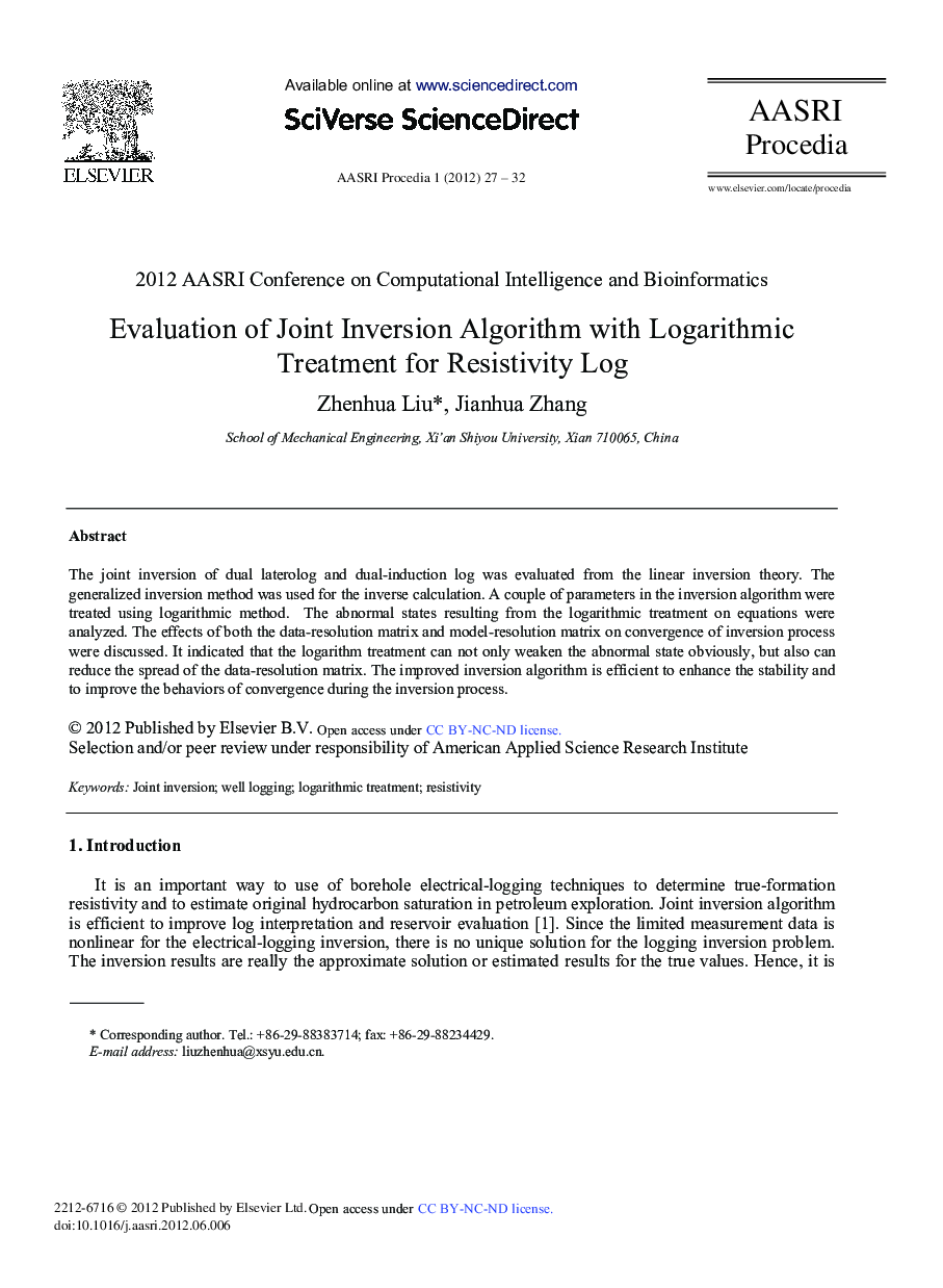 عکس صفحه اول مقاله: Evaluation of Joint Inversion Algorithm with Logarithmic Treatment for Resistivity Log Evaluation of Joint Inversion Algorithm with Logarithmic Treatment for Resistivity Log