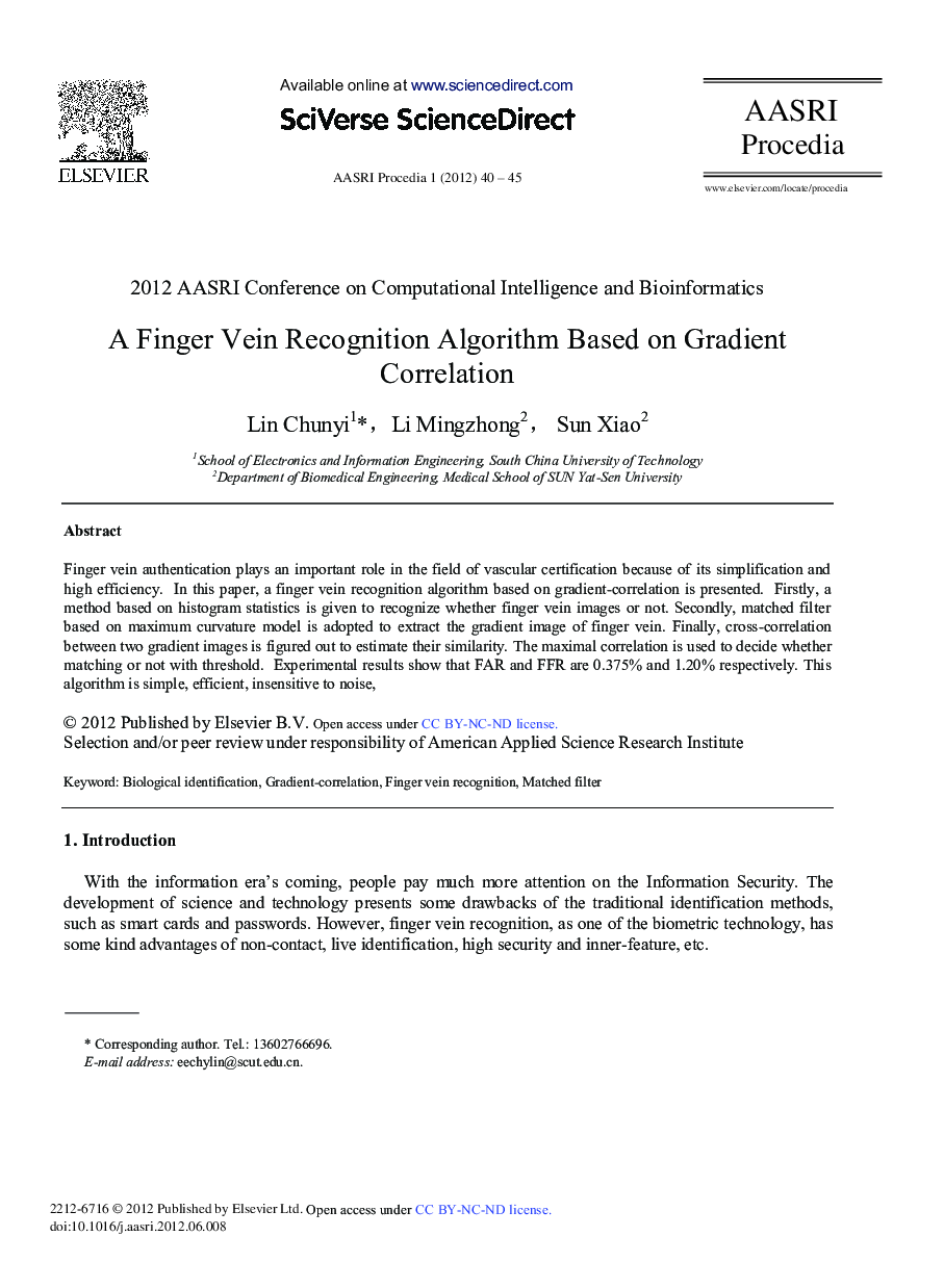 عکس صفحه اول مقاله: A Finger Vein Recognition Algorithm Based on Gradient Correlation A Finger Vein Recognition Algorithm Based on Gradient Correlation
