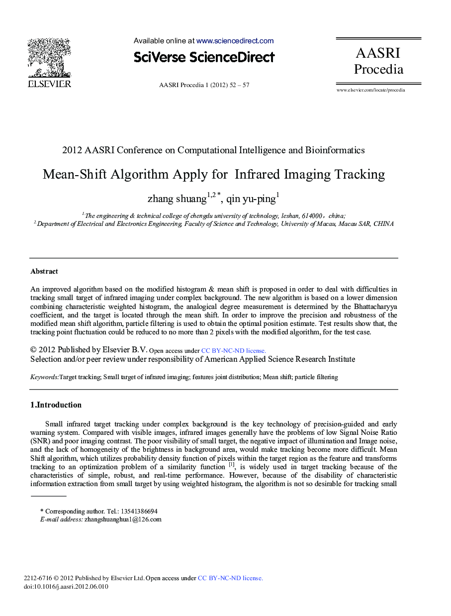عکس صفحه اول مقاله: Mean-Shift Algorithm Apply for Infrared Imaging Tracking Mean-Shift Algorithm Apply for Infrared Imaging Tracking
