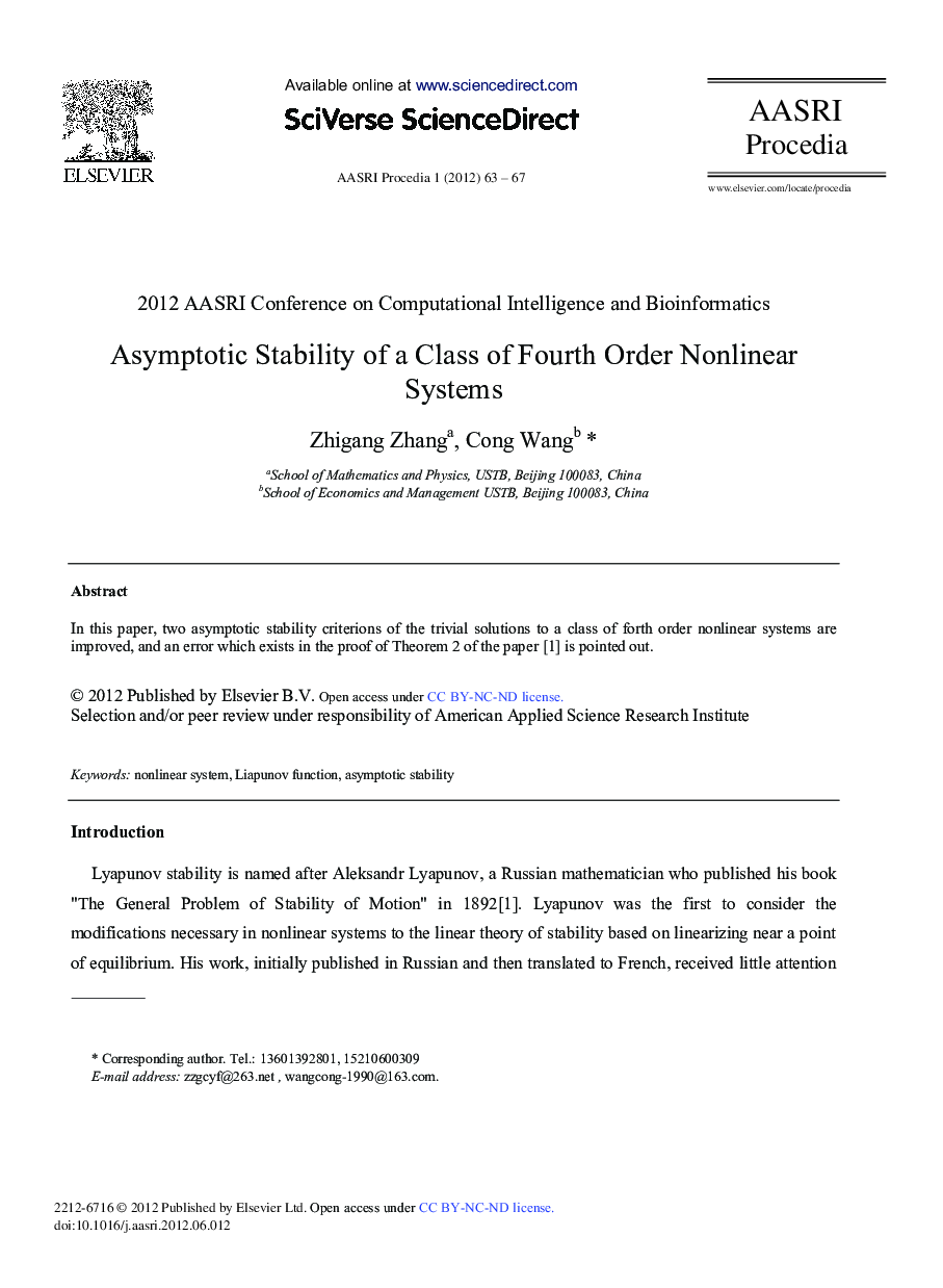 Asymptotic Stability of a Class of Fourth Order Nonlinear Systems