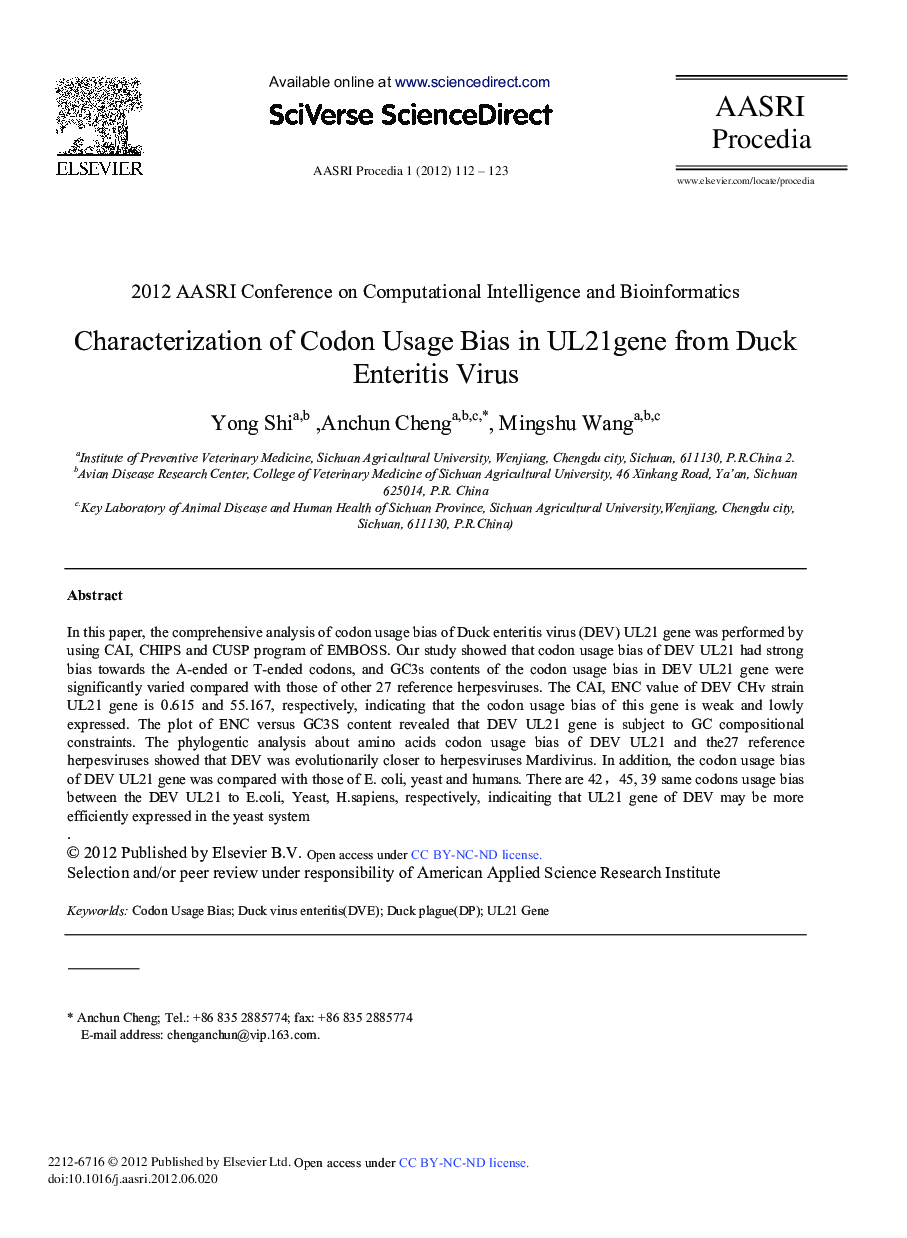 Characterization of Codon Usage Bias in UL21gene from Duck Enteritis Virus