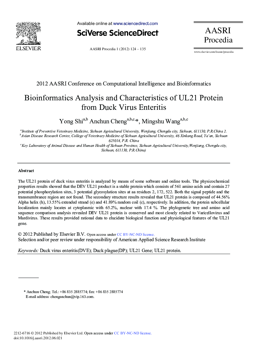 Bioinformatics Analysis and Characteristics of UL21 Protein from Duck Virus Enteritis
