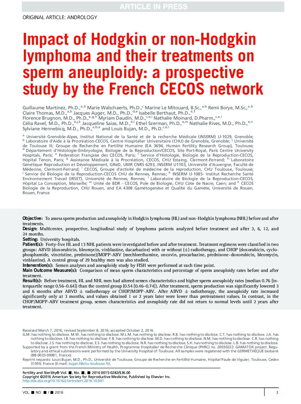 Impact of Hodgkin or non-Hodgkin lymphoma and their treatments on sperm aneuploidy: a prospective study by the French CECOS network