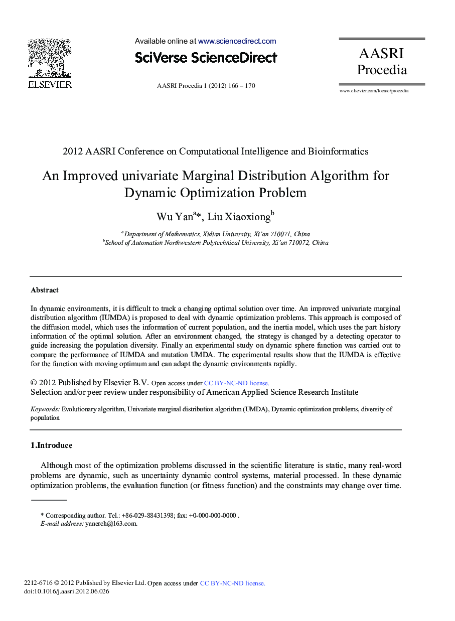 عکس صفحه اول مقاله: An Improved Univariate Marginal Distribution Algorithm for Dynamic Optimization Problem An Improved Univariate Marginal Distribution Algorithm for Dynamic Optimization Problem