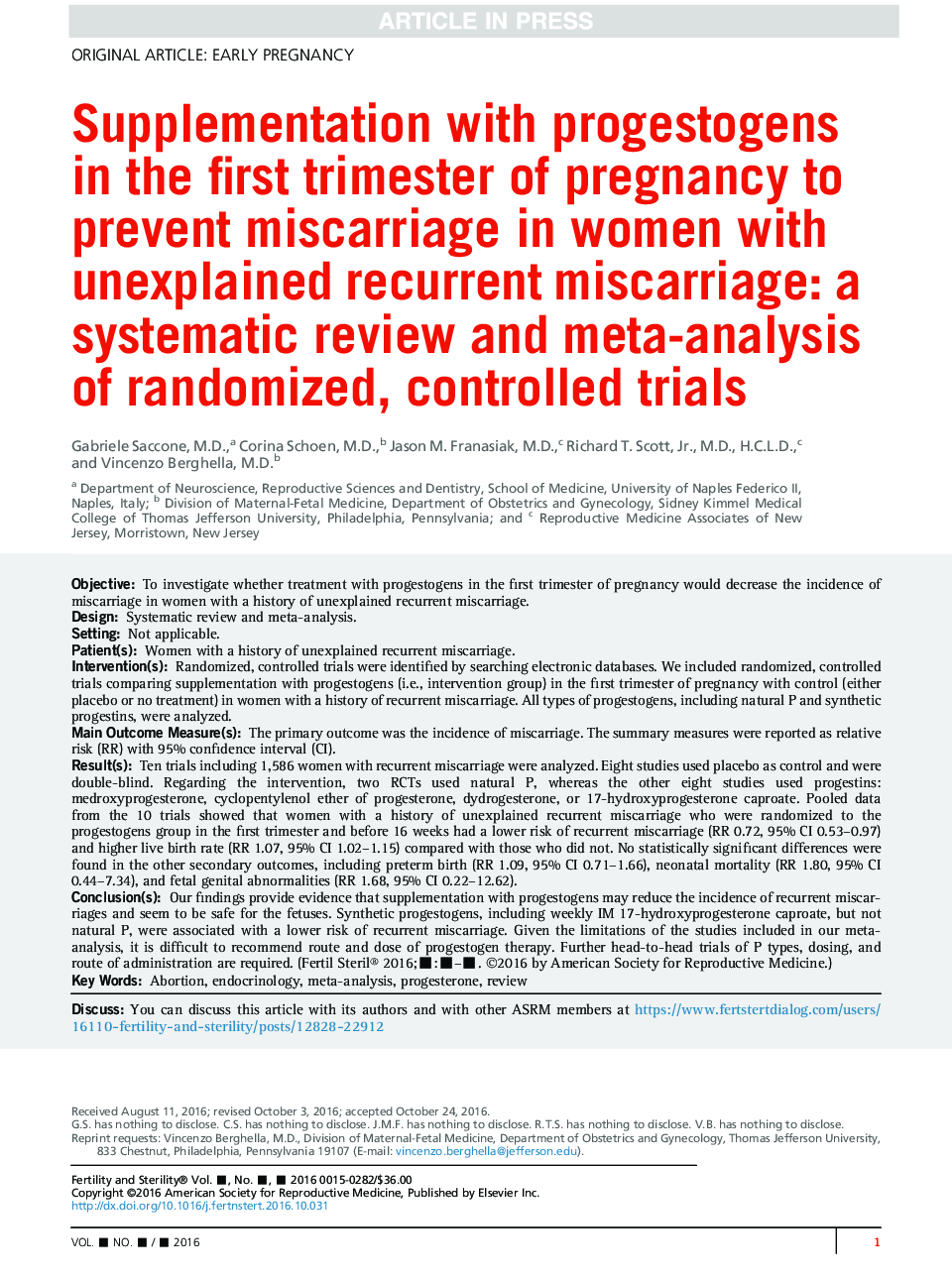 Supplementation with progestogens in the first trimester of pregnancy to prevent miscarriage in women with unexplained recurrent miscarriage: a systematic review and meta-analysis of randomized, controlled trials