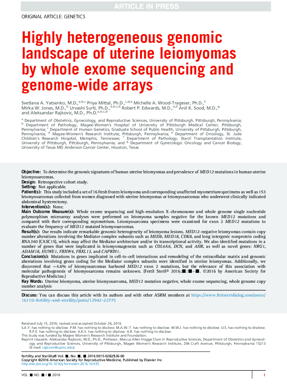 Highly heterogeneous genomic landscape of uterine leiomyomas byÂ whole exome sequencing and genome-wide arrays