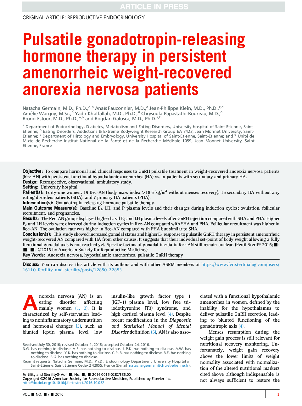 Pulsatile gonadotropin-releasing hormone therapy in persistent amenorrheic weight-recovered anorexia nervosa patients