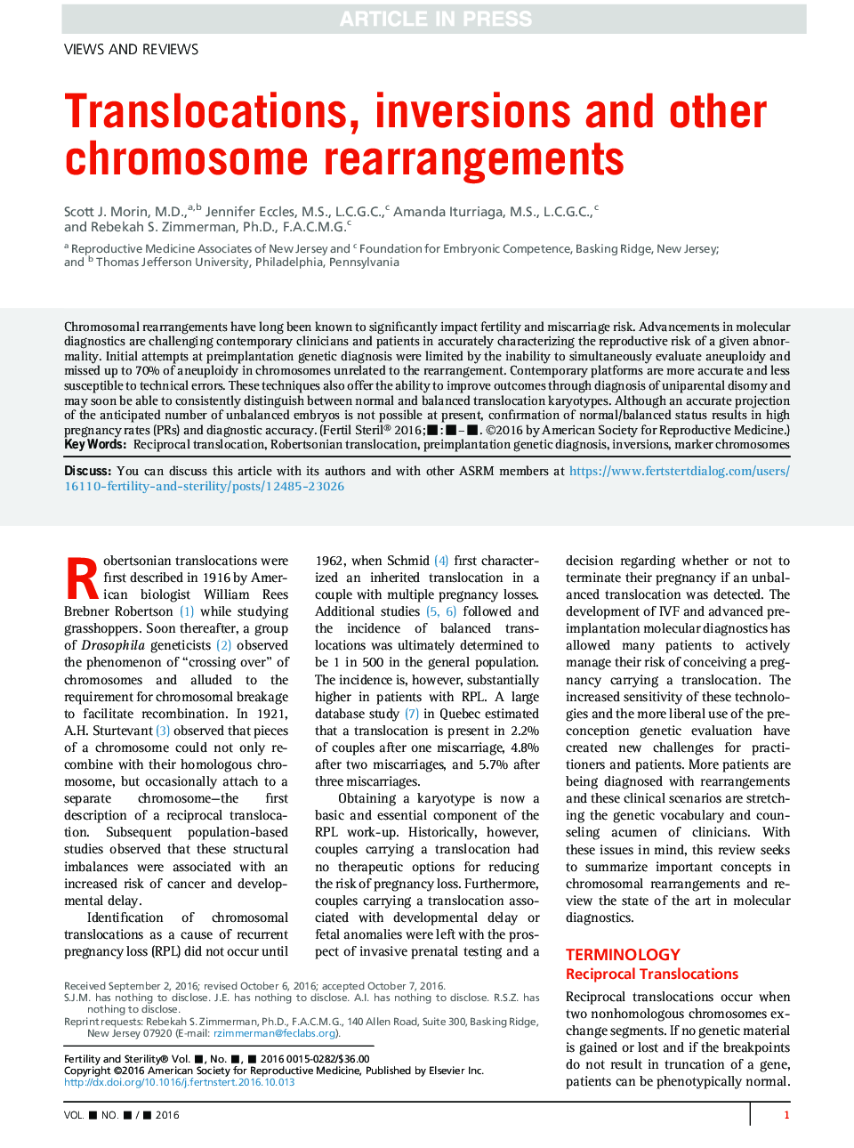 Translocations, inversions and other chromosome rearrangements