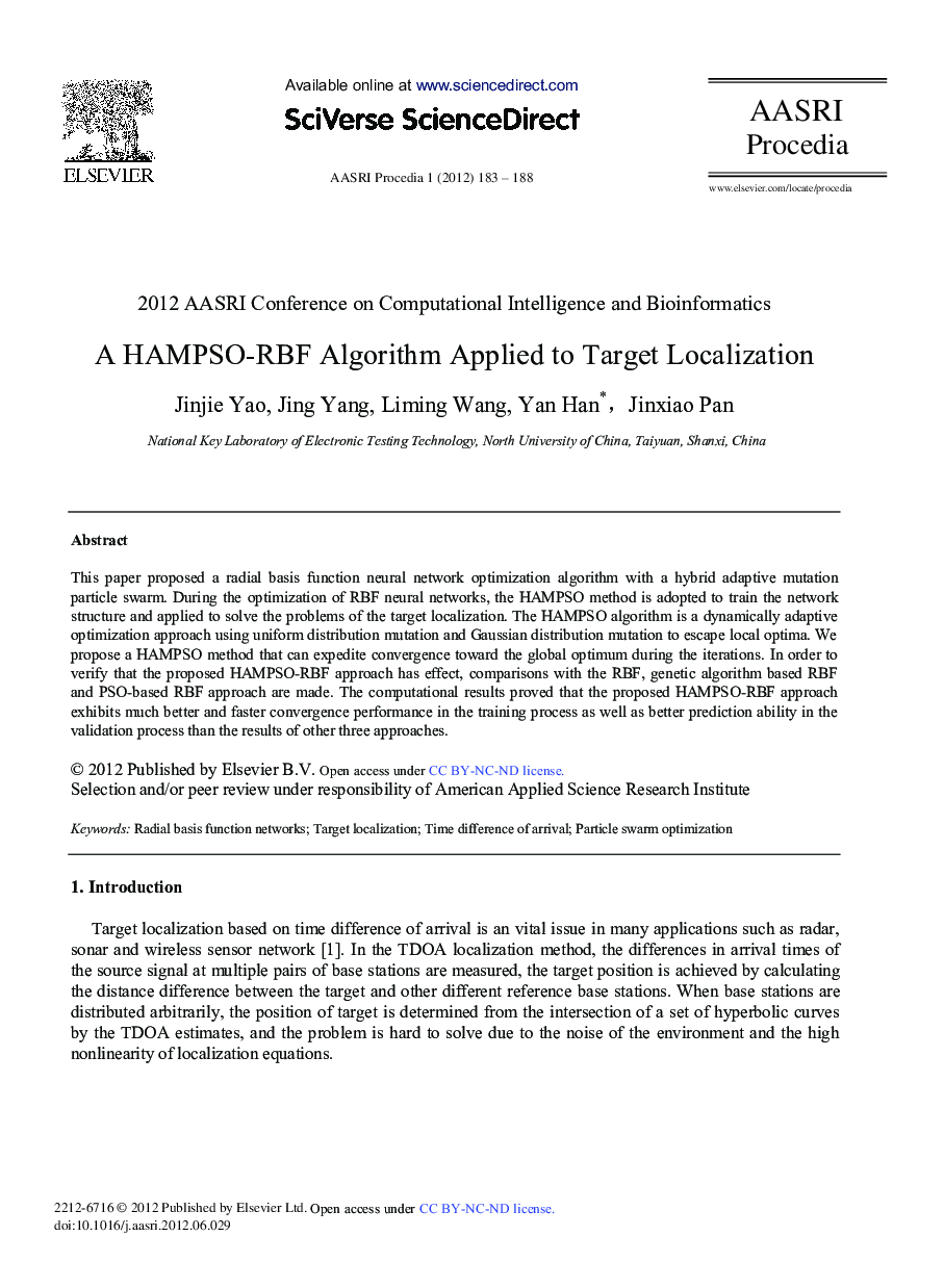 عکس صفحه اول مقاله: A HAMPSO-RBF Algorithm Applied to Target Localization A HAMPSO-RBF Algorithm Applied to Target Localization
