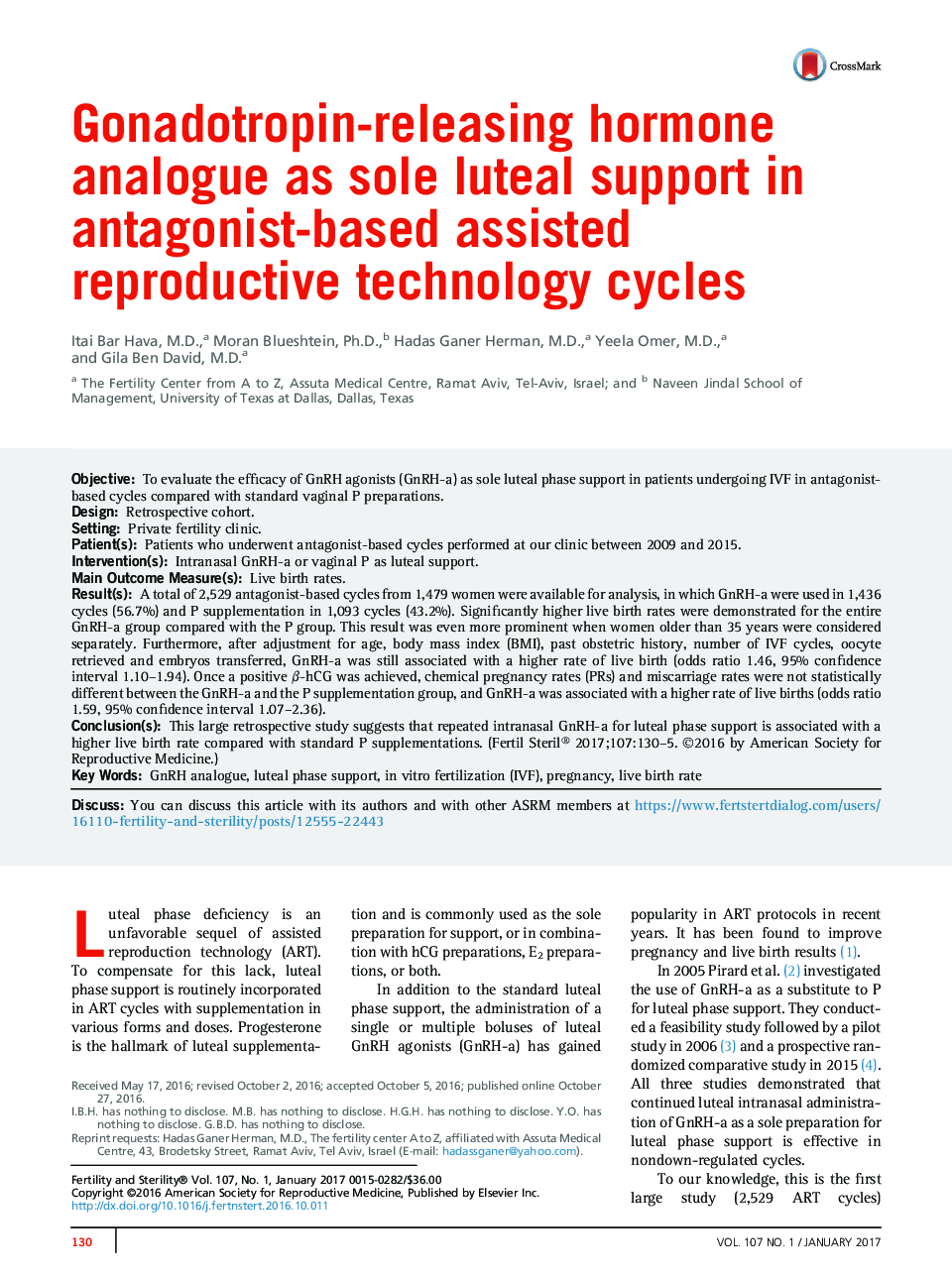 Gonadotropin-releasing hormone analogue as sole luteal support in antagonist-based assisted reproductive technology cycles