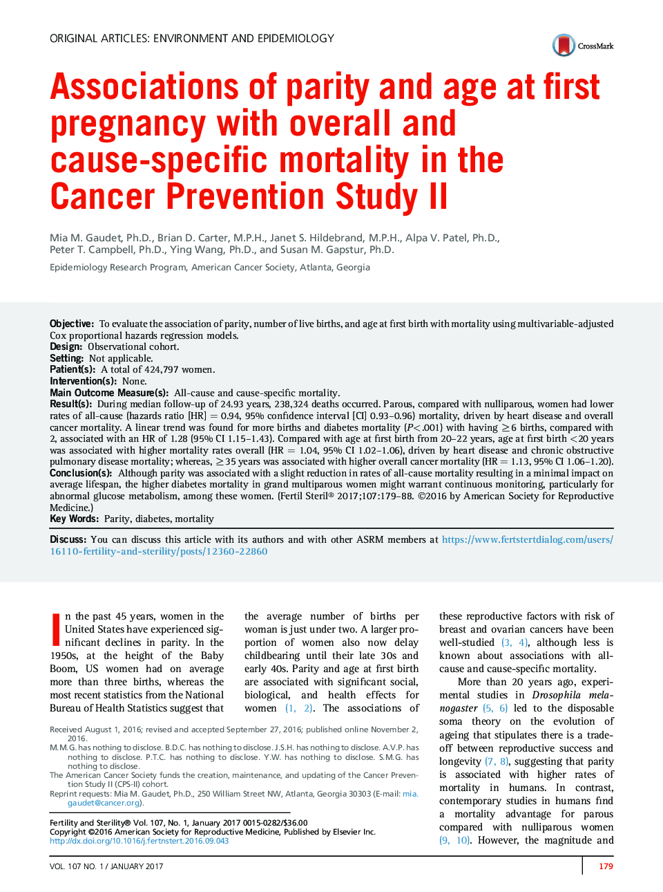 Associations of parity and age at first pregnancy with overall and cause-specific mortality in the Cancer Prevention Study II