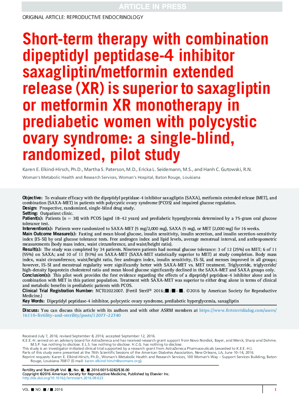عکس صفحه اول مقاله: Short-term therapy with combination dipeptidyl peptidase-4 inhibitor saxagliptin/metformin extended release (XR) is superior to saxagliptin or metformin XR monotherapy in prediabetic women with polycystic ovary syndrome: a single-blind, randomized, pilot Short-term therapy with combination dipeptidyl peptidase-4 inhibitor saxagliptin/metformin extended release (XR) is superior to saxagliptin or metformin XR monotherapy in prediabetic women with polycystic ovary syndrome: a single-blind, randomized, pilot