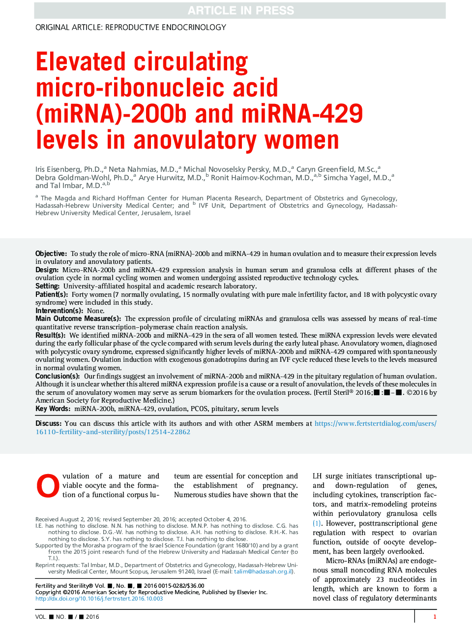 Elevated circulating micro-ribonucleic acid (miRNA)-200b and miRNA-429 levelsÂ in anovulatory women