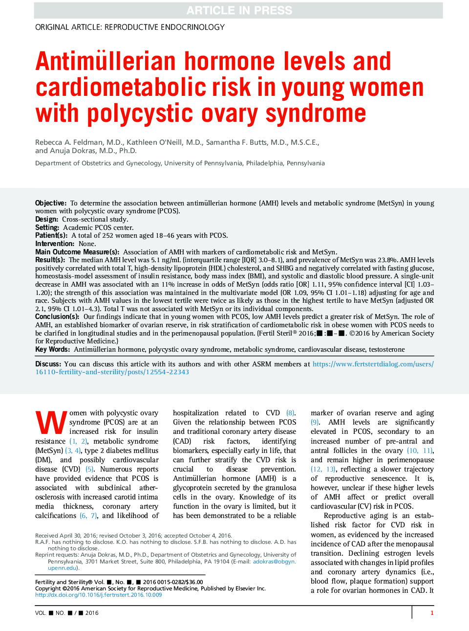 Antimüllerian hormone levels and cardiometabolic risk in young women with polycystic ovary syndrome