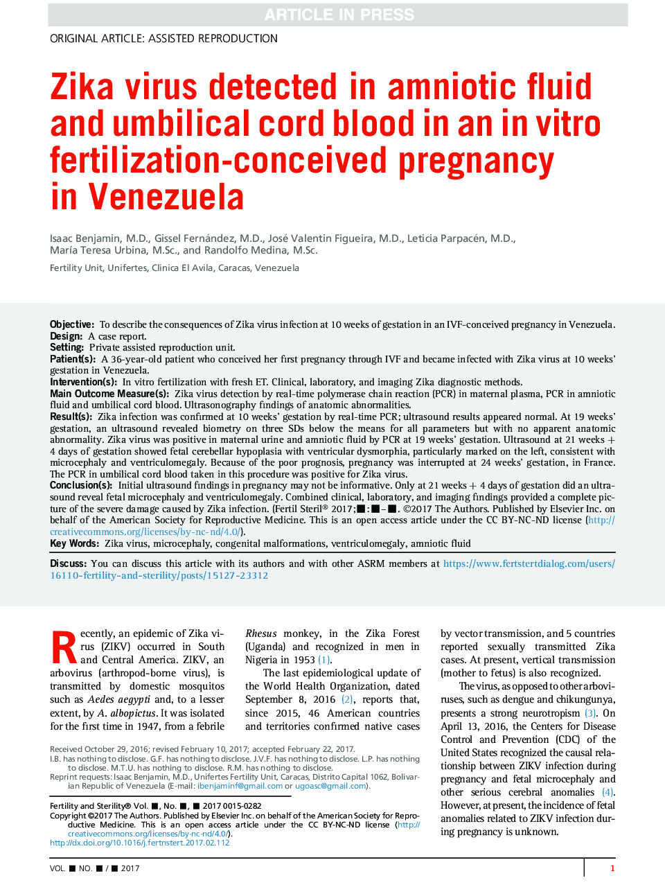 Zika virus detected in amniotic fluid and umbilical cord blood in an inÂ vitro fertilization-conceived pregnancy in Venezuela