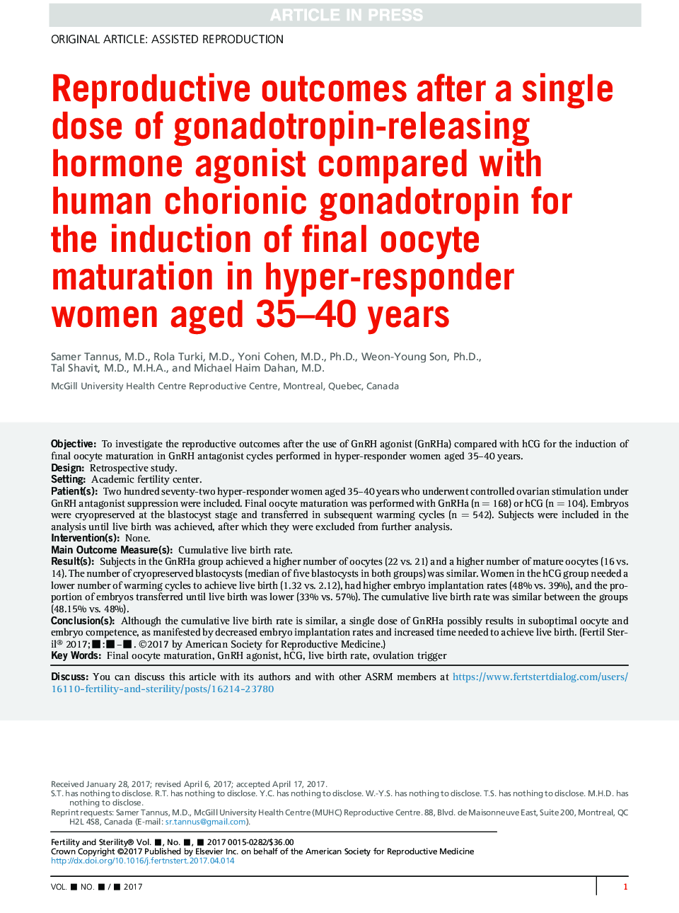 نتایج باروری پس از یک بار مصرف آگونیست هورمون آزاد کننده گنادوتروپین در مقایسه با گونادوتروپین کوریون انسانی برای القاء بلوغ تخمک نهایی در زنان بالای 35-40 ساله 