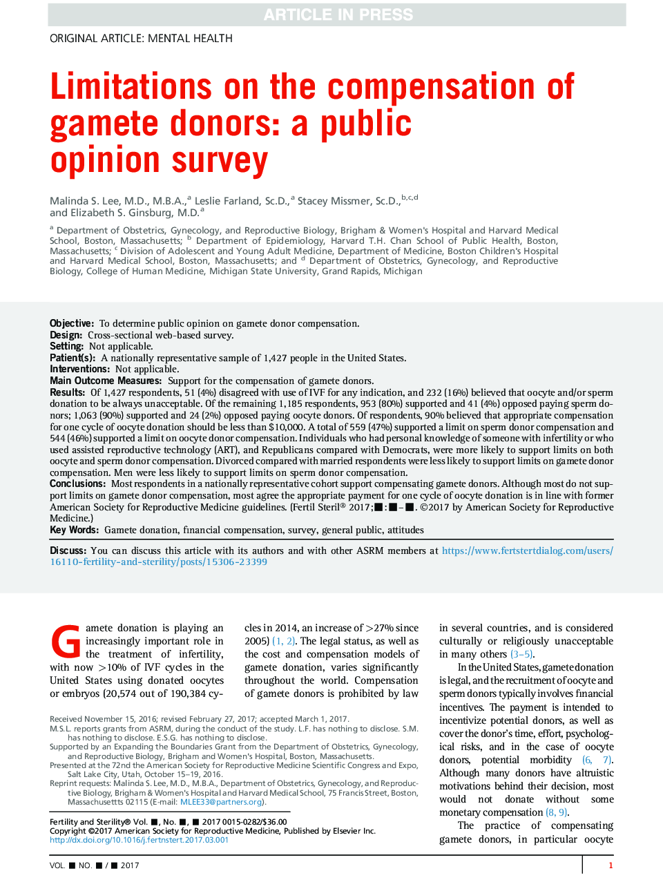 Limitations on the compensation of gamete donors: a public opinion survey