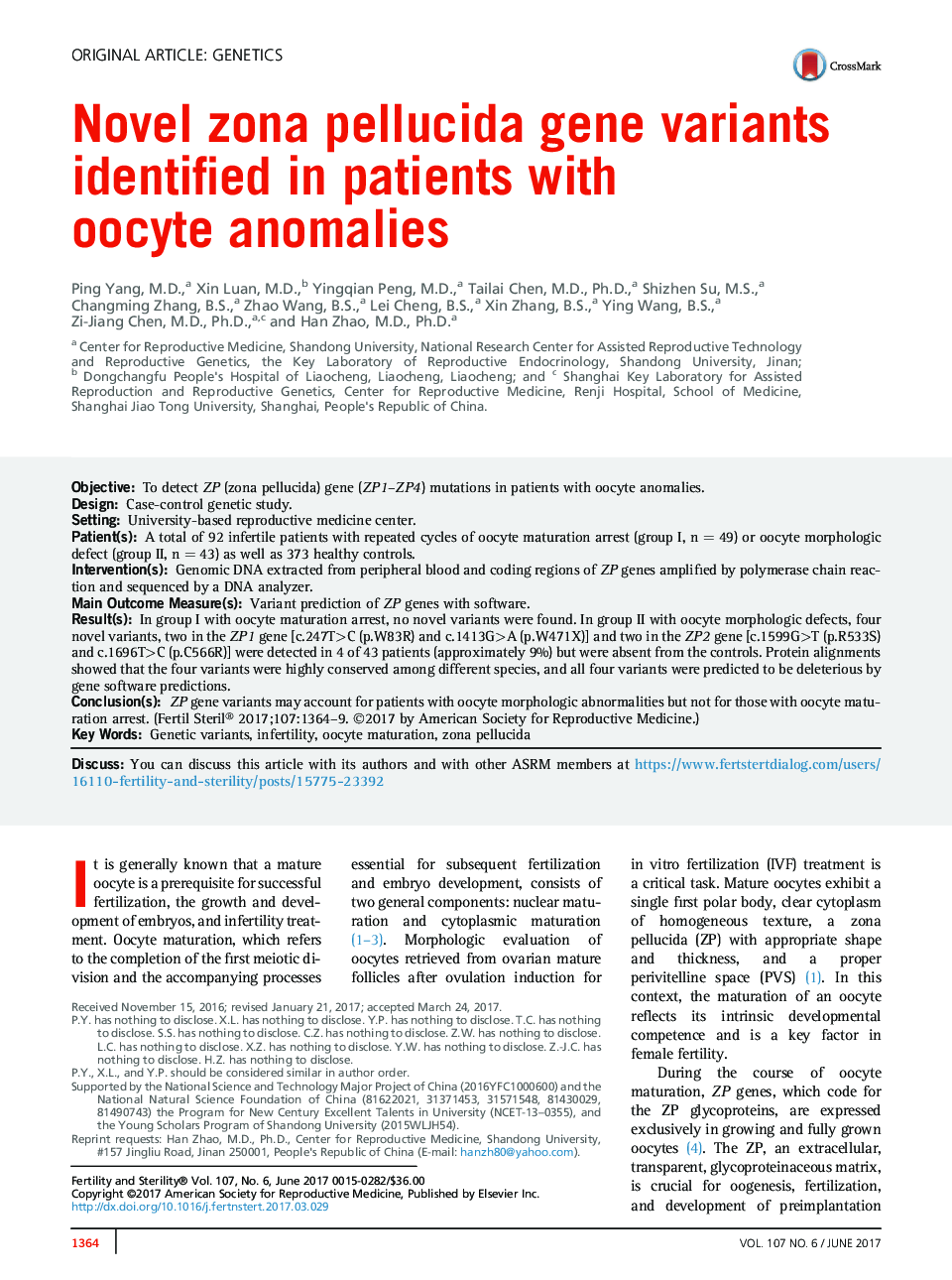 Novel zona pellucida gene variants identified in patients with oocyte anomalies