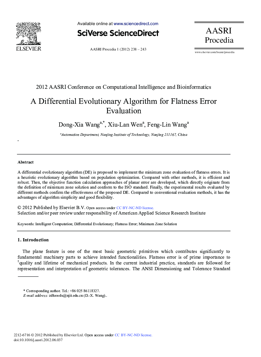 عکس صفحه اول مقاله: A Differential Evolutionary Algorithm for Flatness Error Evaluation A Differential Evolutionary Algorithm for Flatness Error Evaluation