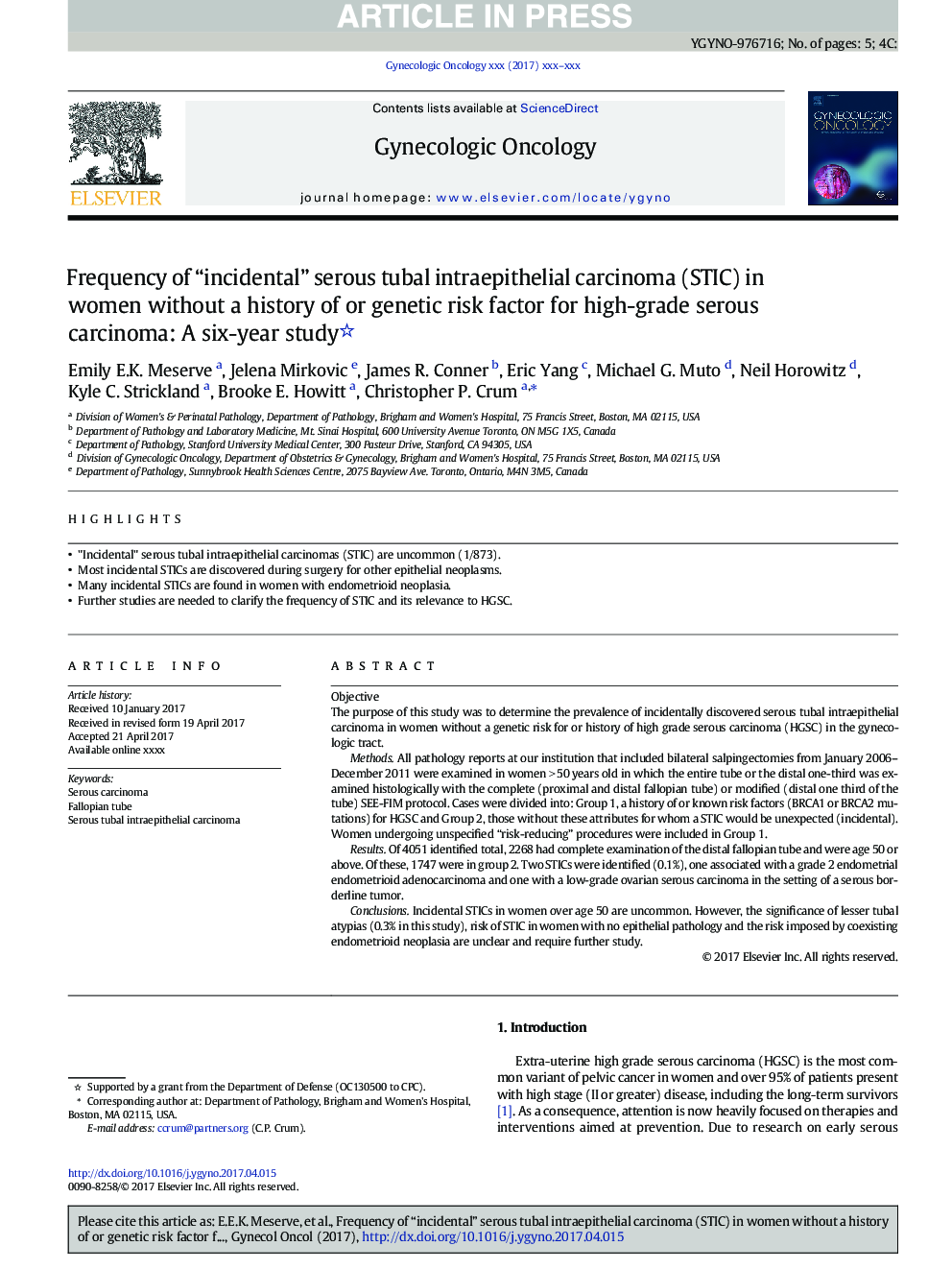 Frequency of “incidental” serous tubal intraepithelial carcinoma (STIC) in women without a history of or genetic risk factor for high-grade serous carcinoma: A six-year study